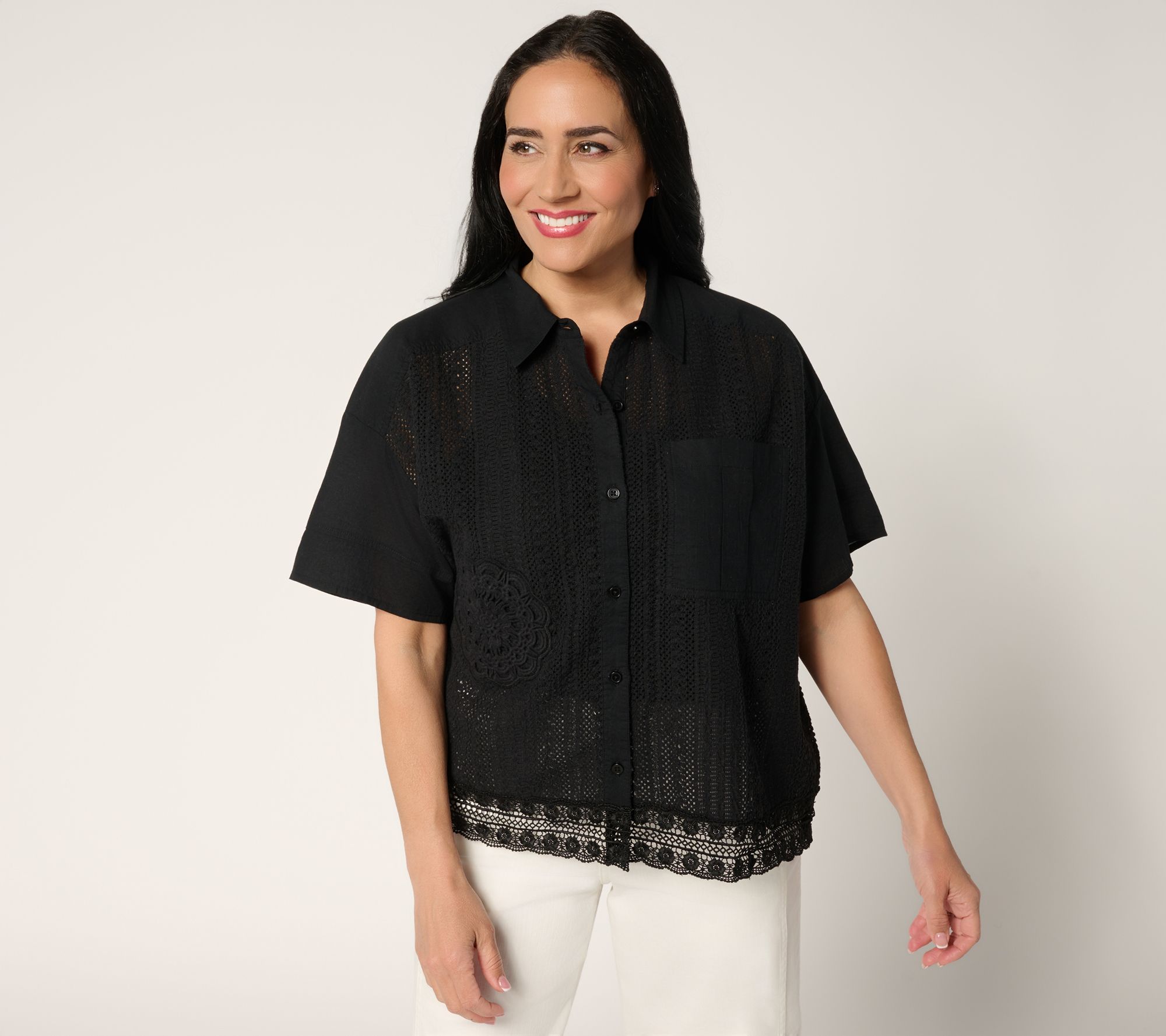 "As Is" LOGO Lavish by Lori Goldstein 100% Cotton Lace Shirt