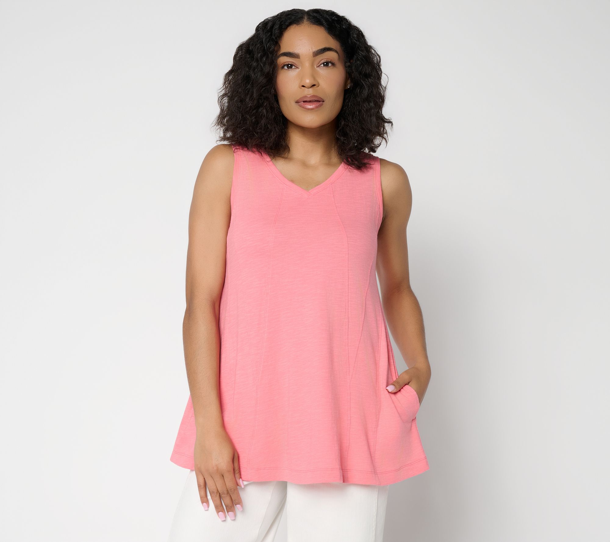 LOGO by Lori Goldstein 100% Cotton V-Neck Seamed Tank
