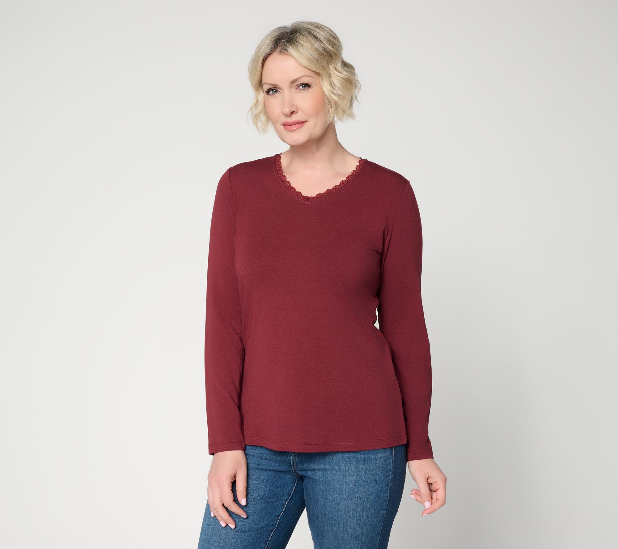 Denim & Co. Essentials So Soft Jersey Long Sleeve Top W/Lace