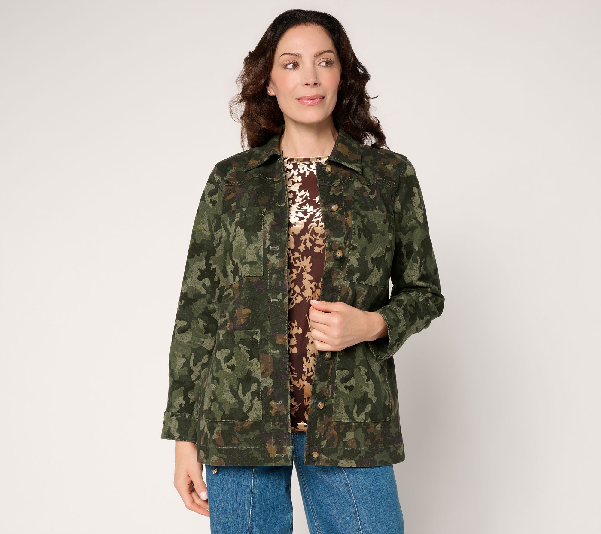 LOGO by Lori Goldstein Petite Button Front Printed Jacket