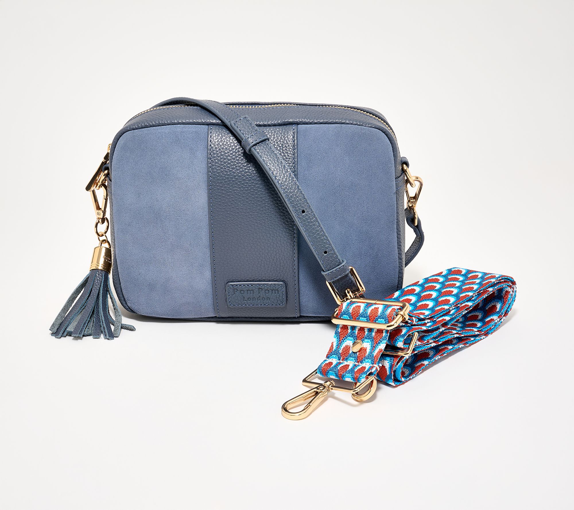 "As Is" Pom Pom London The City Suede & Leather Crossbody with Extra Strap