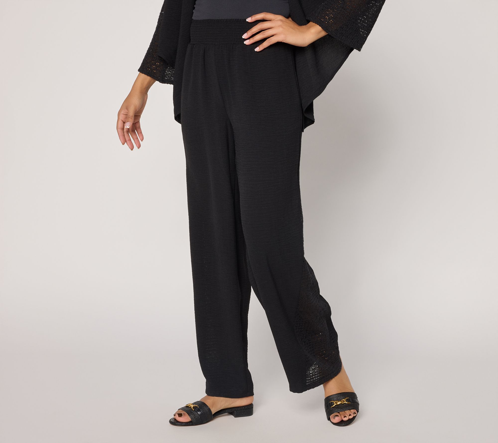 "As Is" Susan Graver Weekend Regular Stretch Woven Wide Leg Pants with Lace