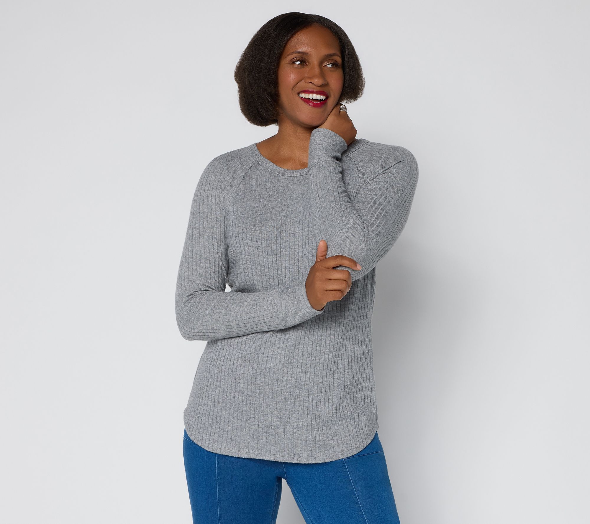Susan Graver Rib Knit Raglan Sleeve Shirttail Hem Top