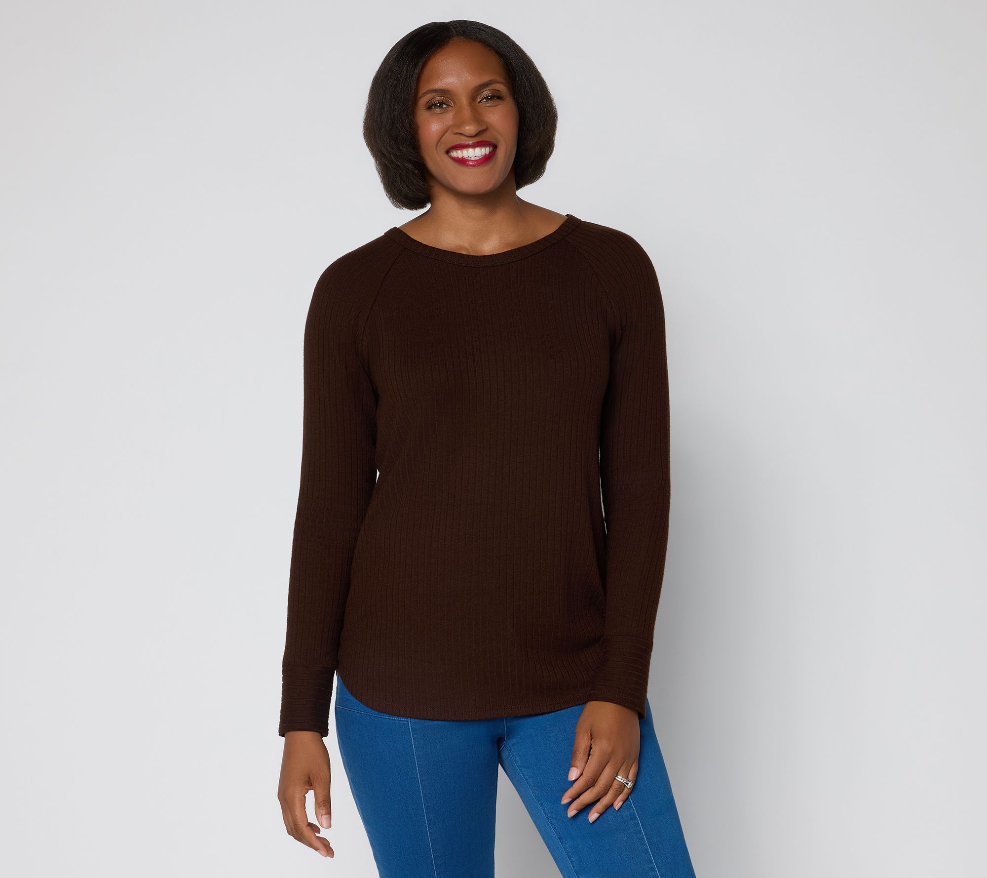 Susan Graver Rib Knit Raglan Sleeve Shirttail Hem Top