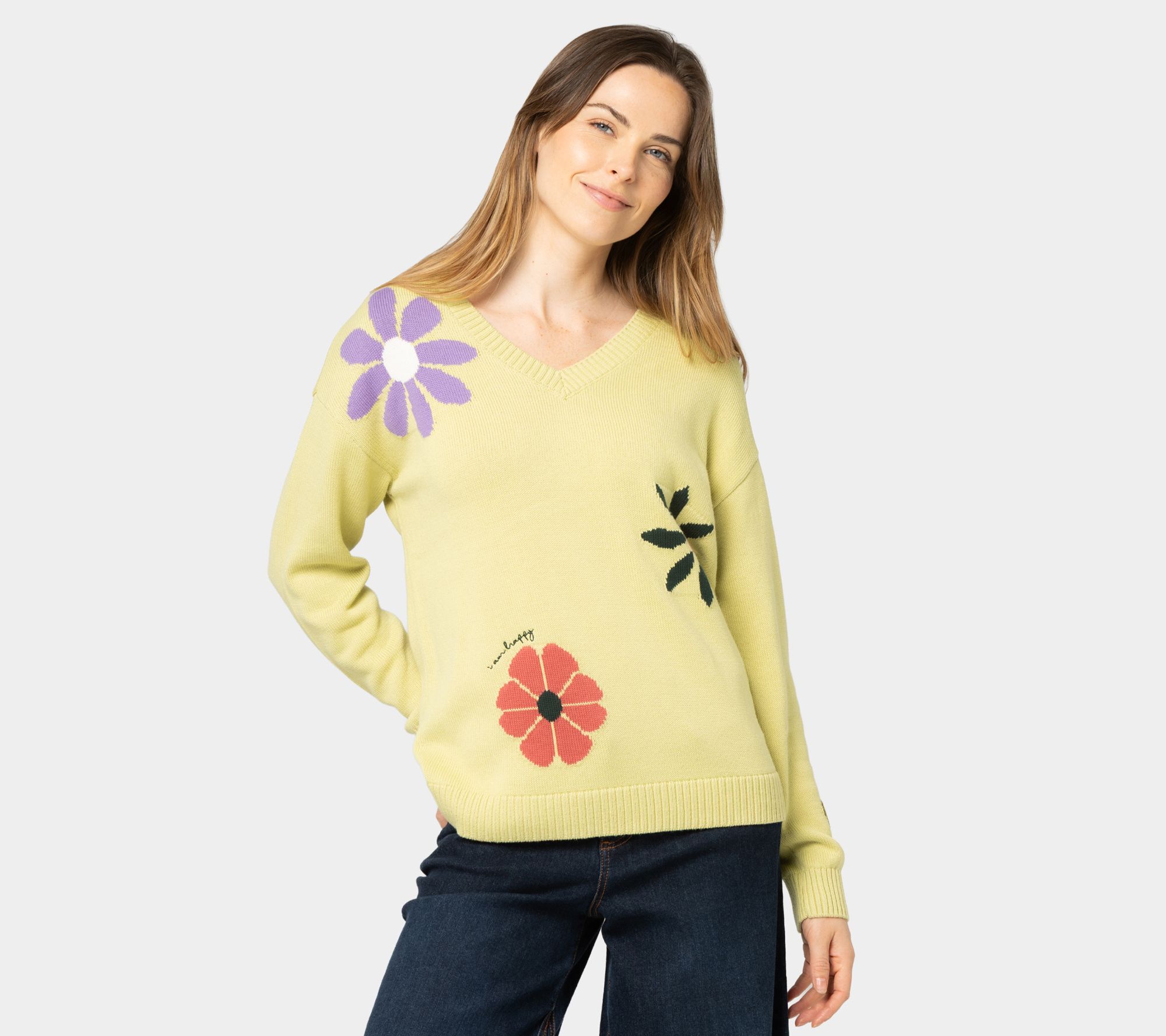 "As Is" Peace Love World Garden Party Motif Cotton V-Neck Sweater