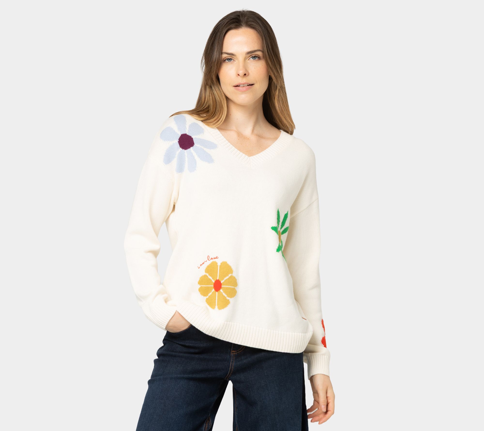 "As Is" Peace Love World Garden Party Motif Cotton V-Neck Sweater