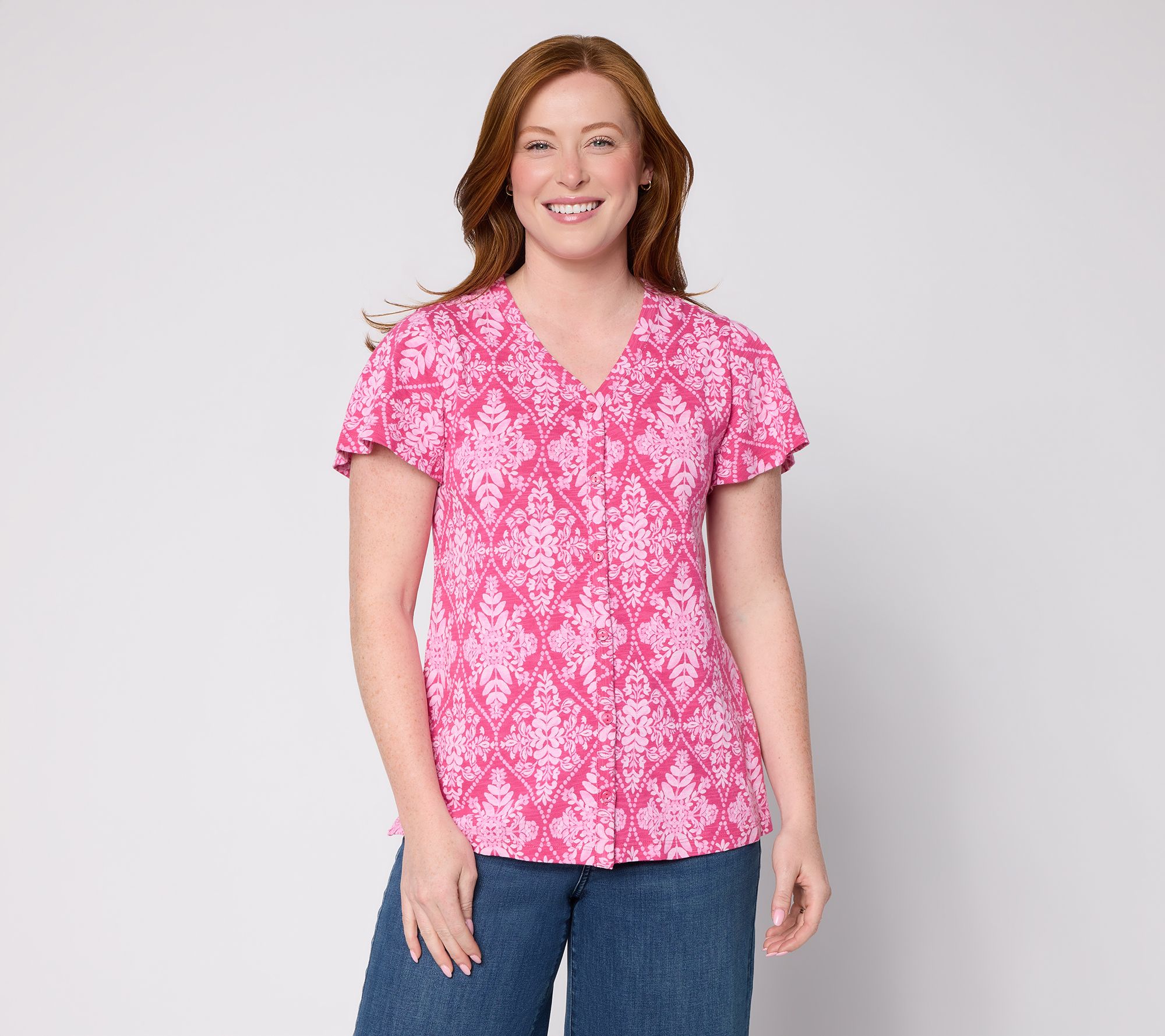 "As Is" Denim & Co. Printed Cotton Slub Flutter Sleeve V-Neck Top