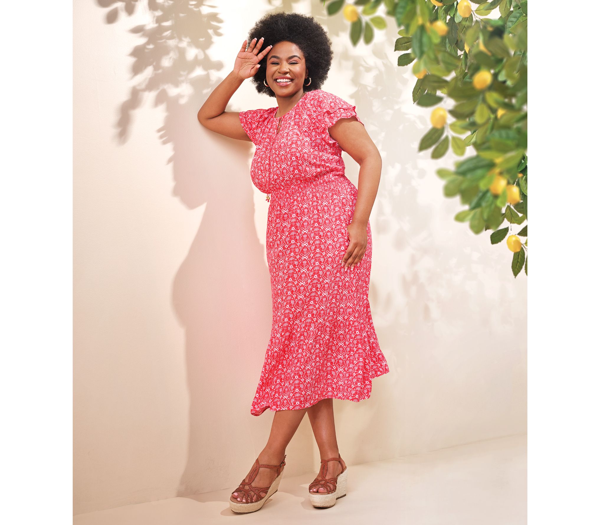 Destination 365 Printed Short Sleeve Midi Dress with Smocking QVC