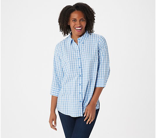 "As Is" Joan Rivers Perfect Gingham Shirt with 3/4-Sleeves