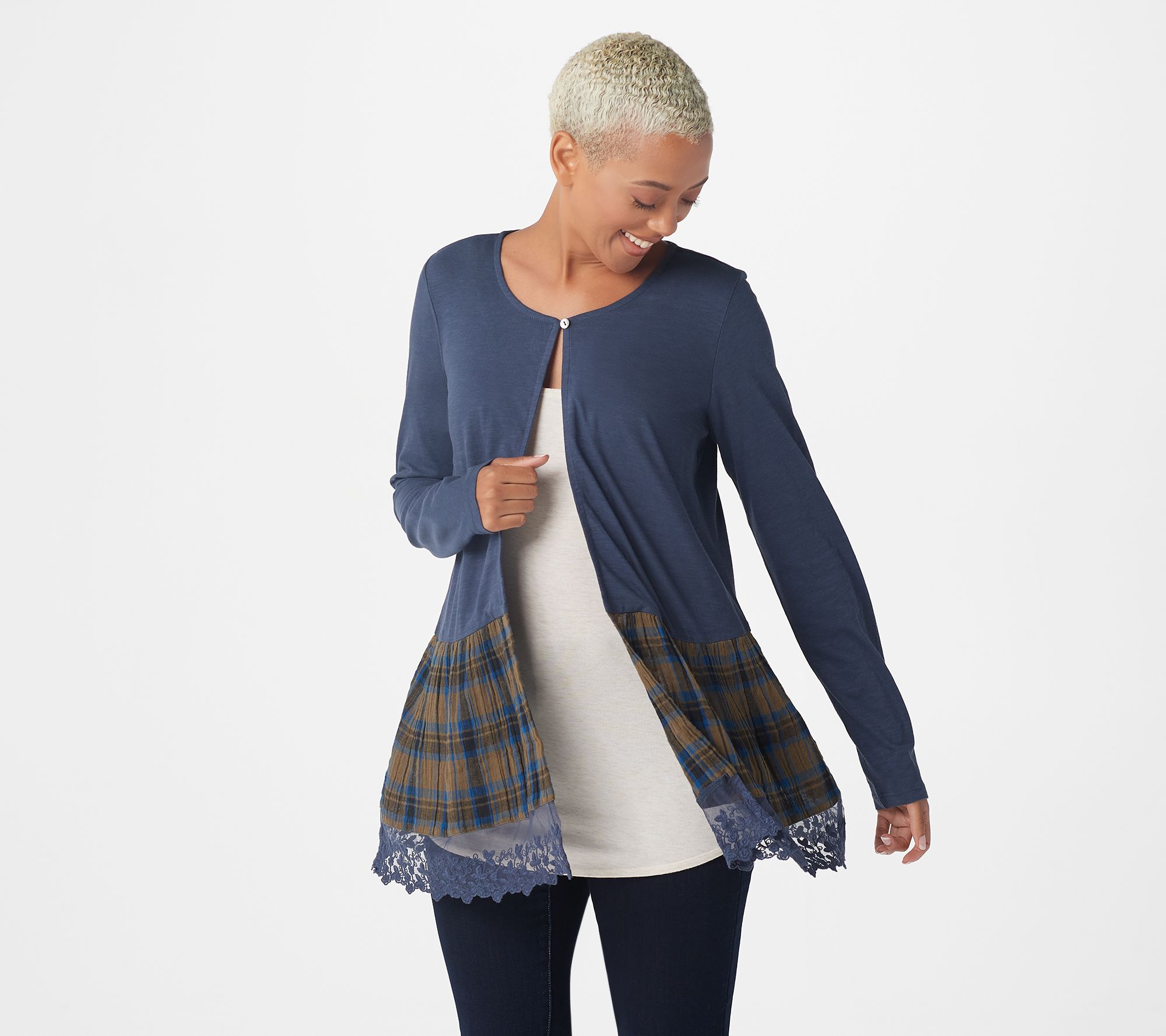 "As Is" LOGO by Lori Goldstein Cardigan with Crinkled Woven An - A377788