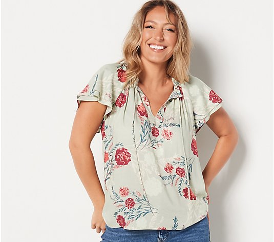 "As Is" Candace Cameron Bure Flutter Sleeve Split Neck Printed Blouse