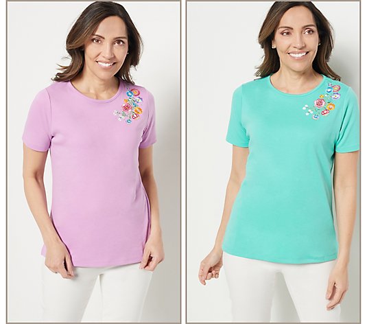 Quacker Factory Set of 2 Short Sleeve Tops w/ Floral Embroidery