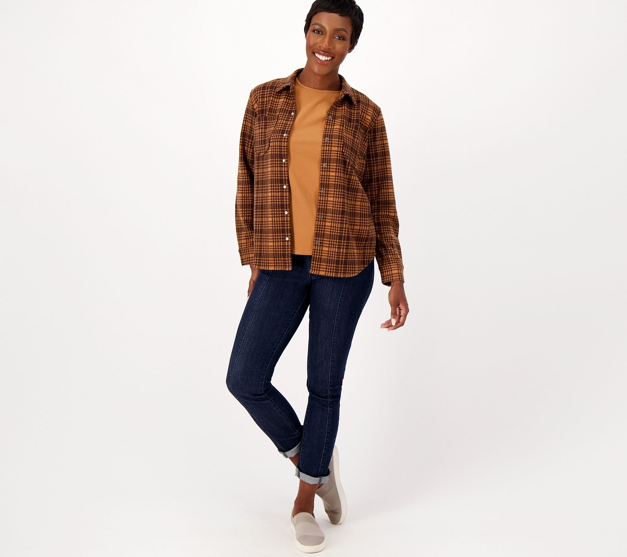 Denim & Co. Canyon Retreat Plaid Print Button Front Shirt - QVC.com