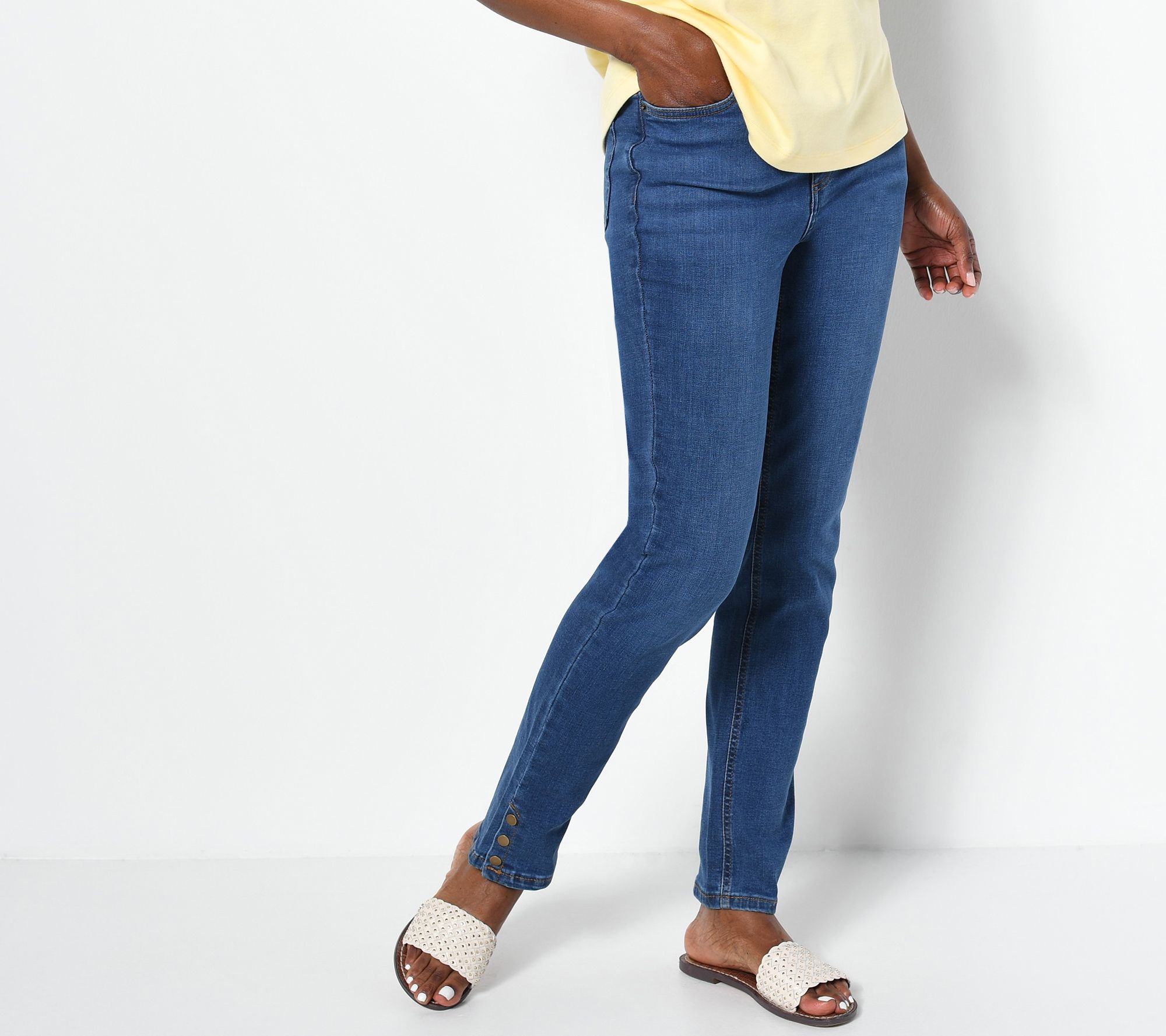 "As Is" Denim & Co. Easy Stretch Denim Regular Snap Cuff Slim Jeans