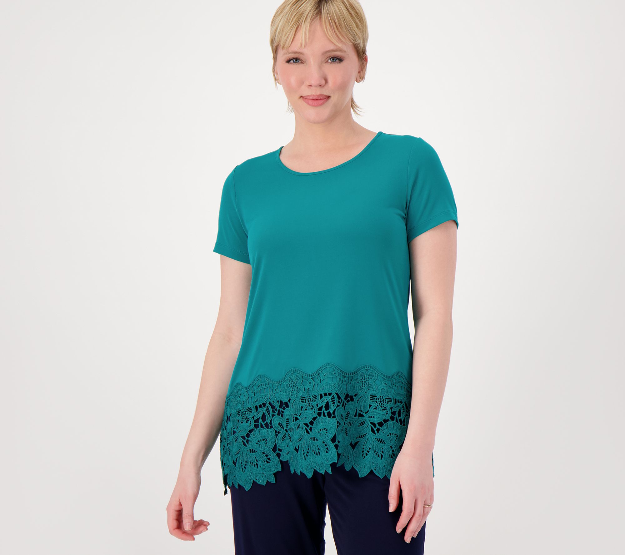 Susan Graver Occasions Reg Liquid Knit Lace-Hem Tunic w/Cap Sleeves