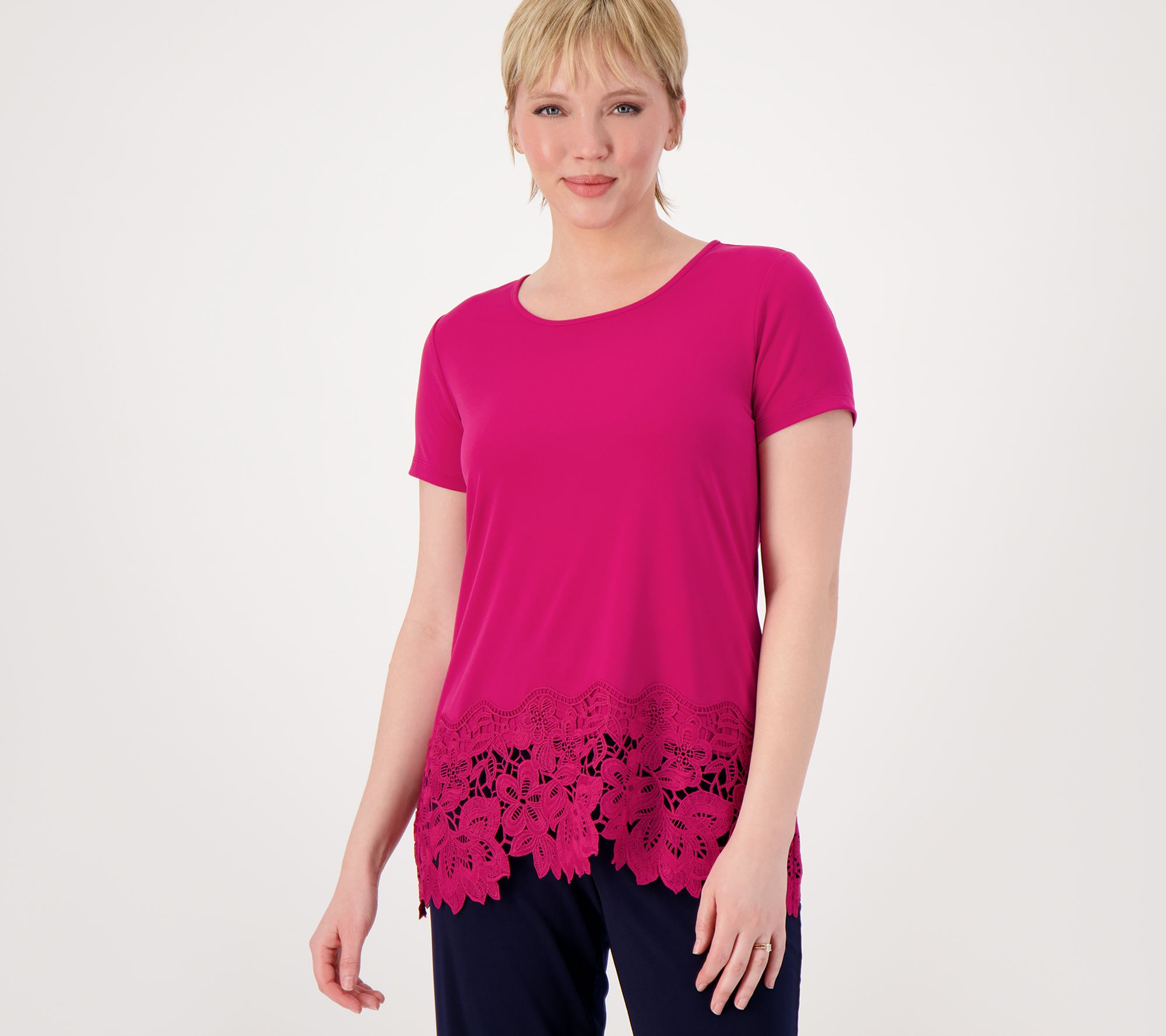 Susan Graver Occasions Reg Liquid Knit Lace-Hem Tunic w/Cap Sleeves