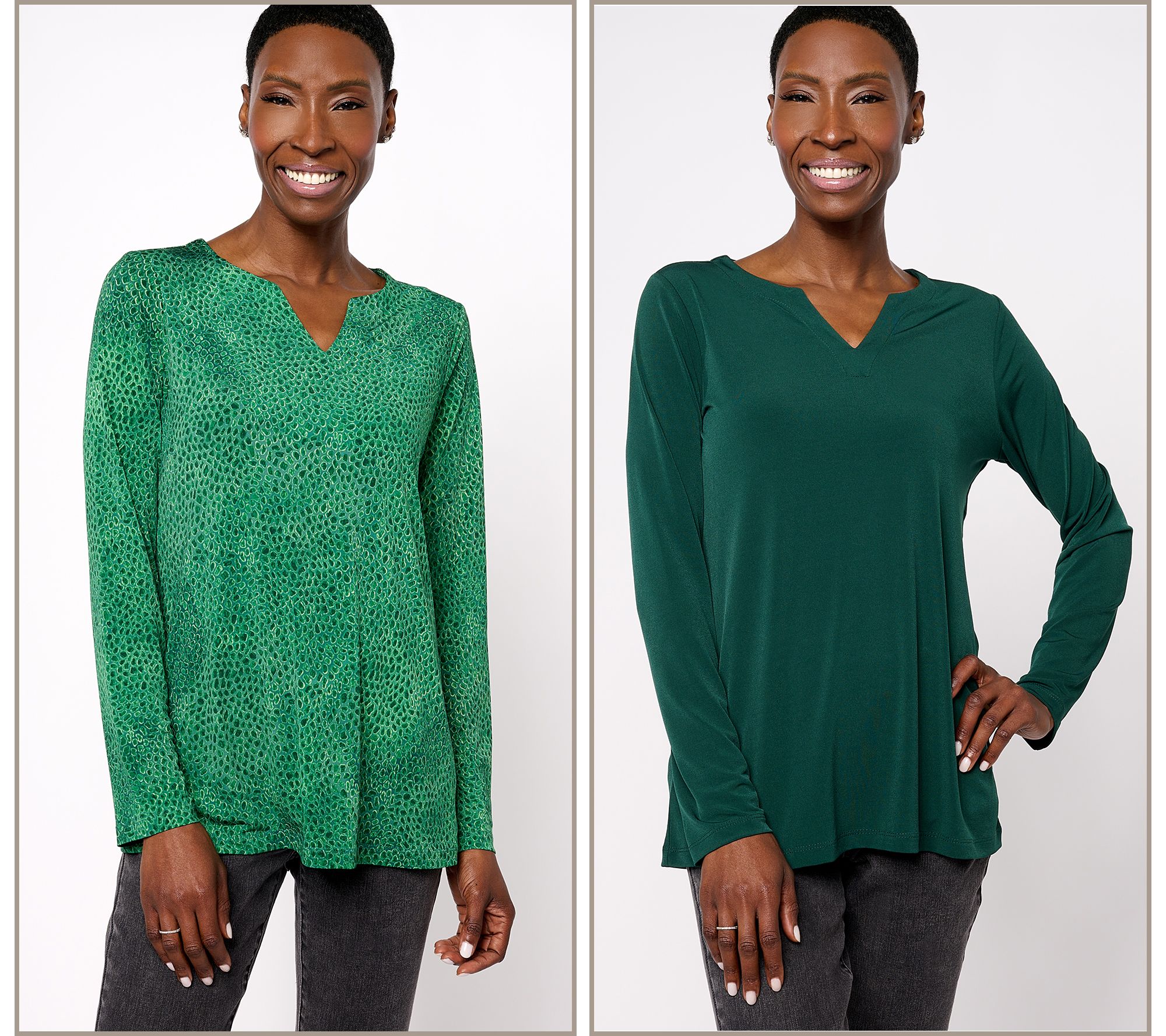 Susan Graver Set of 2 Print & Solid Liquid Knit Split-Neck Top