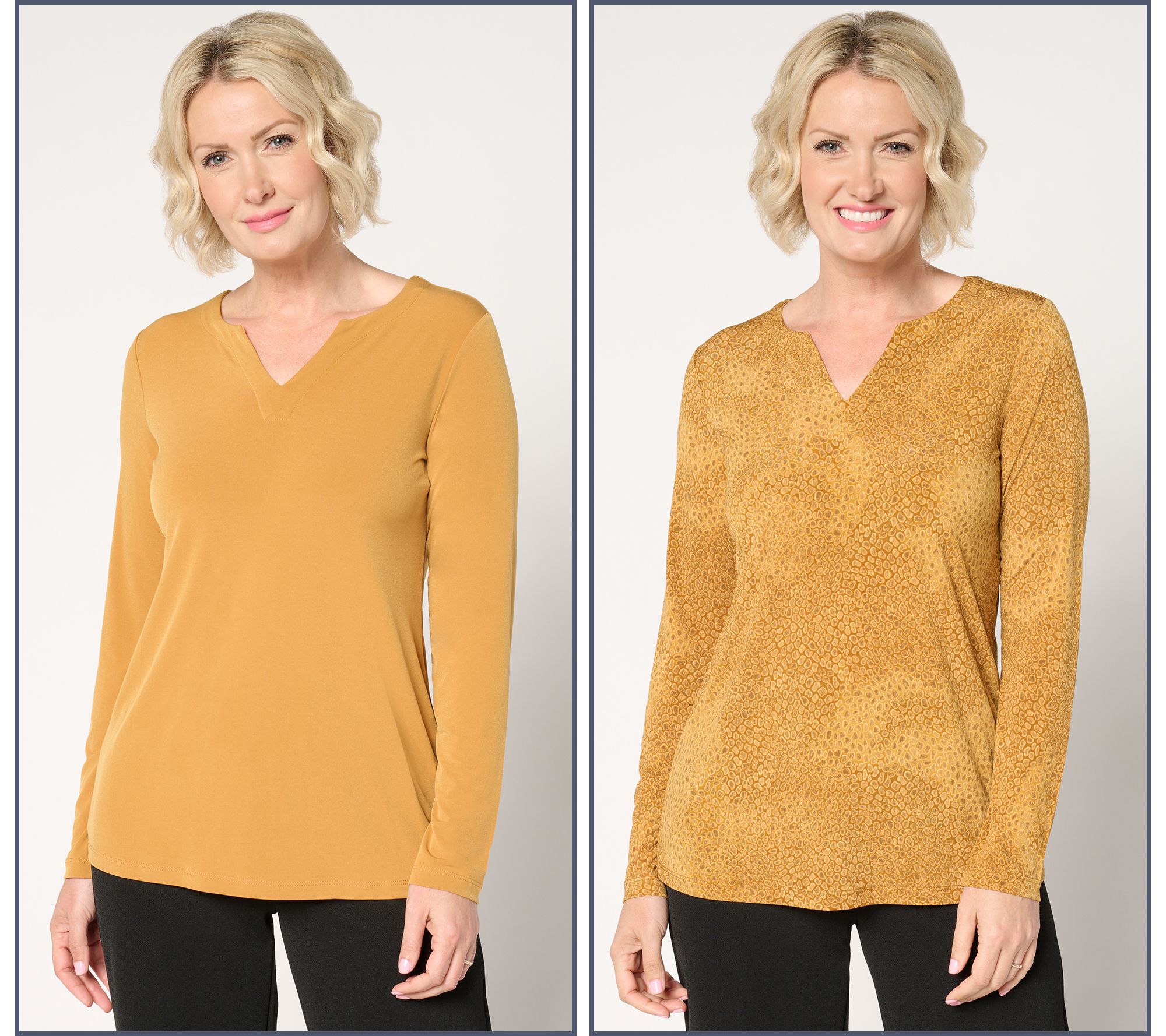 Susan Graver Set of 2 Print & Solid Liquid Knit Split-Neck Top