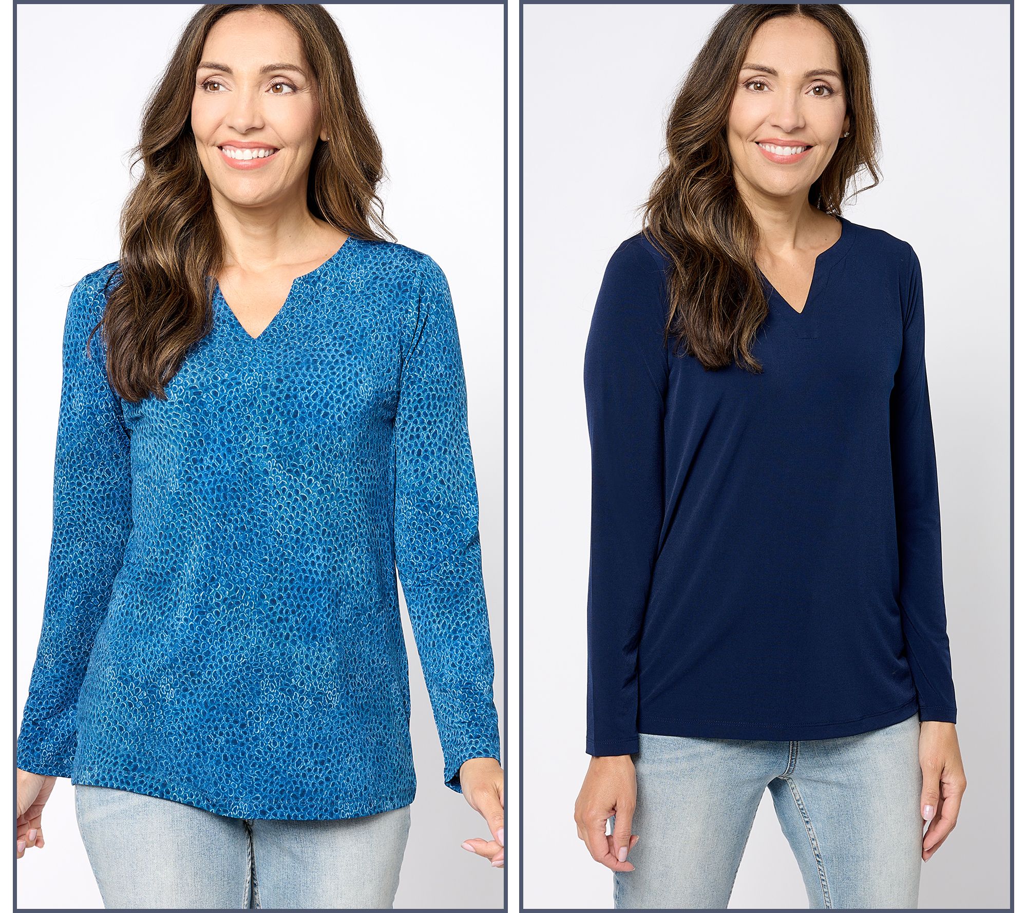 Susan Graver Set of 2 Print & Solid Liquid Knit Split-Neck Top