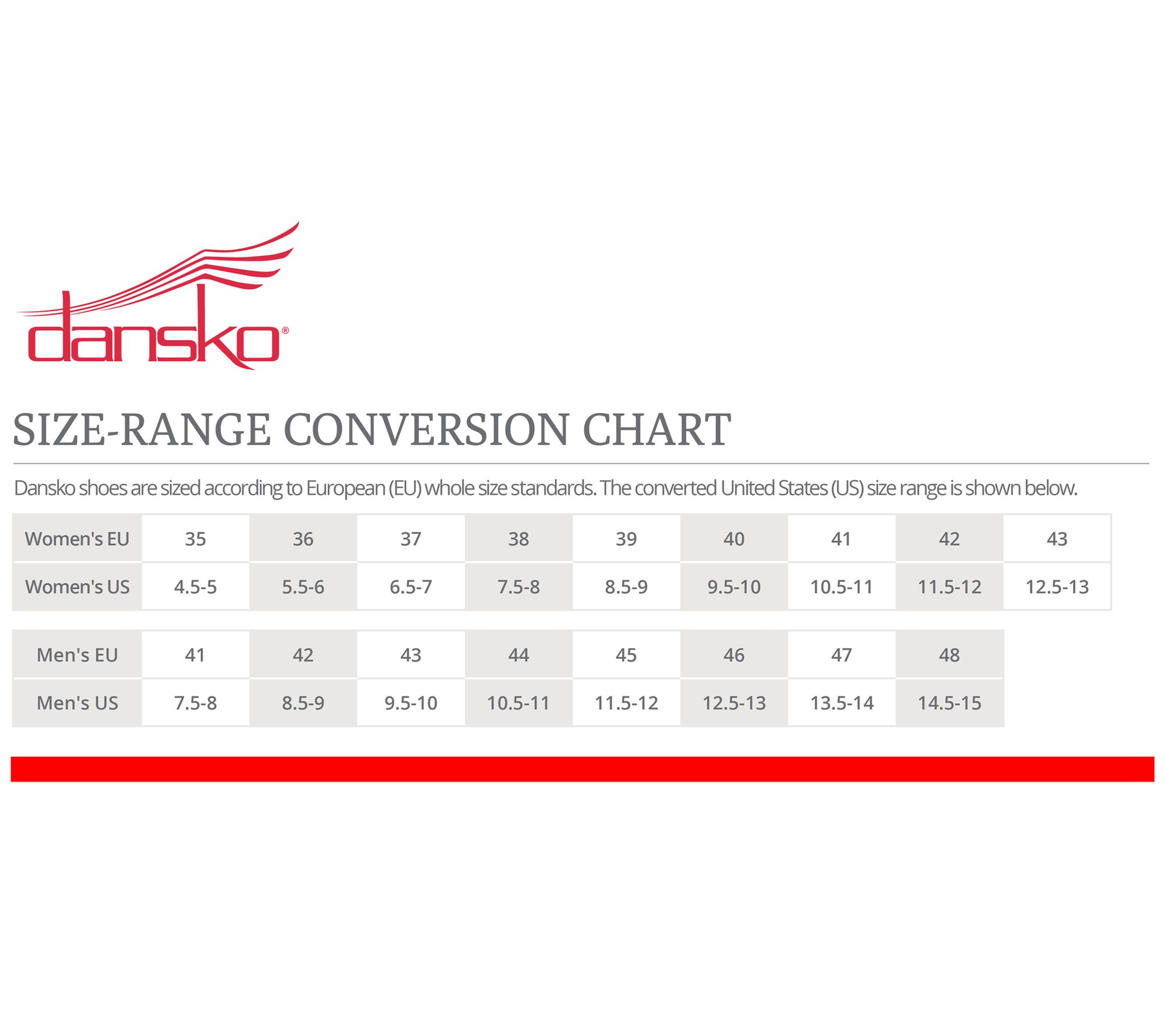 Dansko shoe sales conversion chart