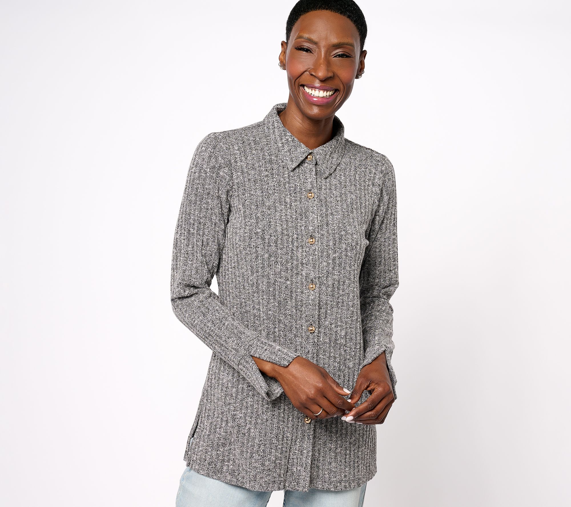 "As Is" Susan Graver Petite Ribbed Sweater Knit Button Tunic Shacket