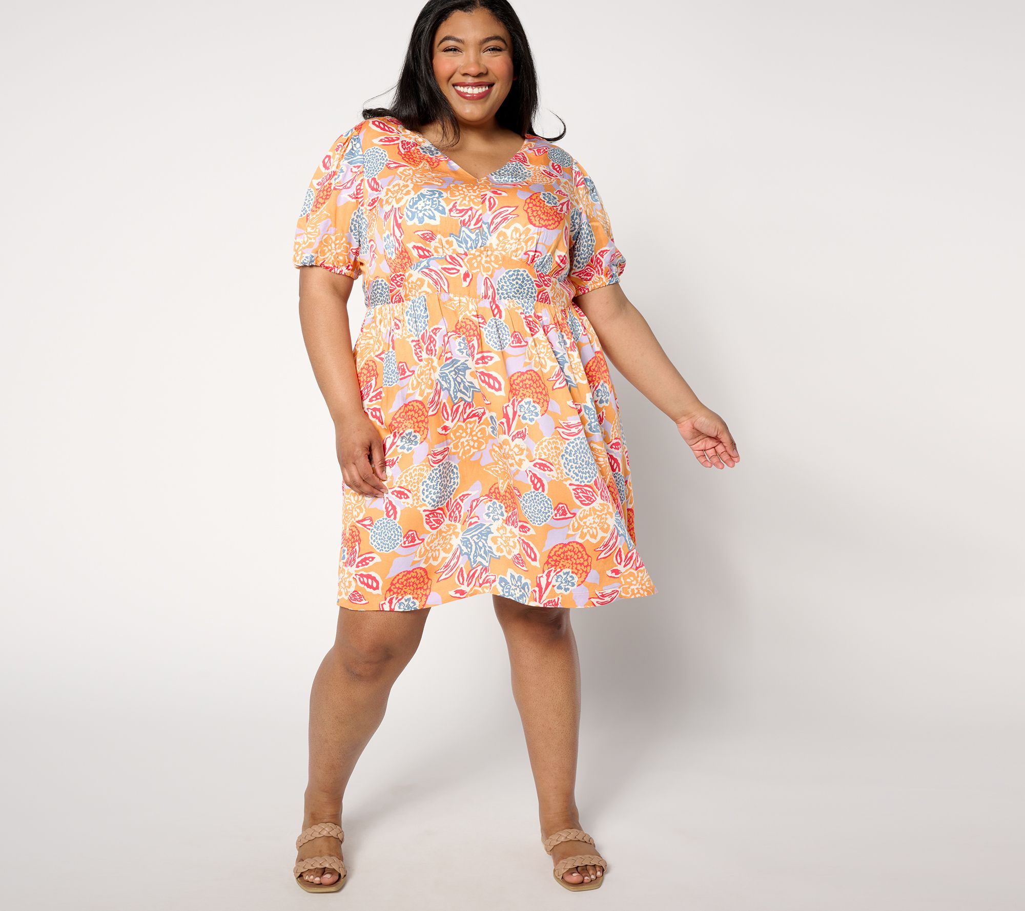 AnyBody Petite Printed Puff-Sleeve Woven Dress