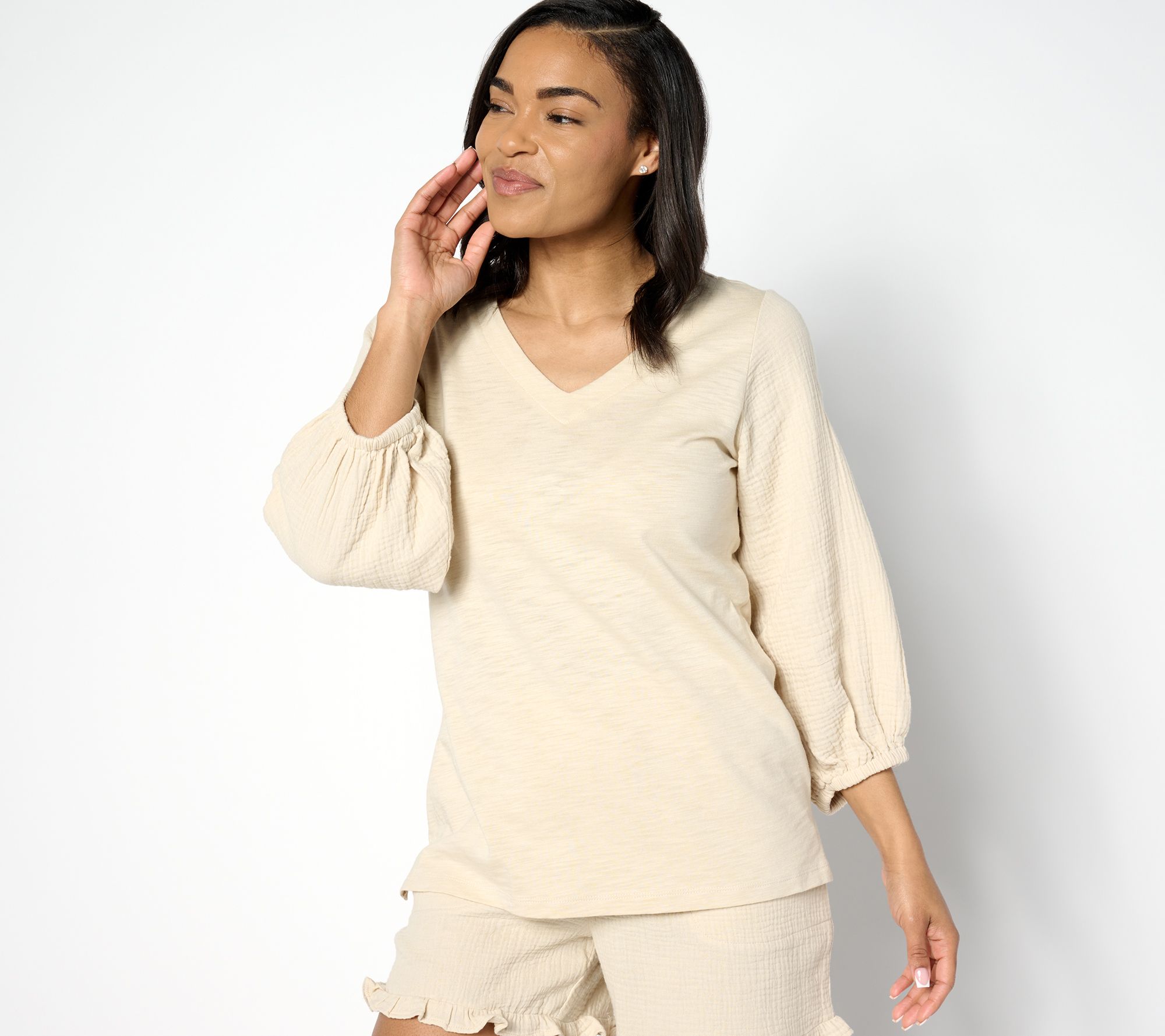 Belle Beach by Kim Gravel Mixed Media Slub Knit & Gauze Top