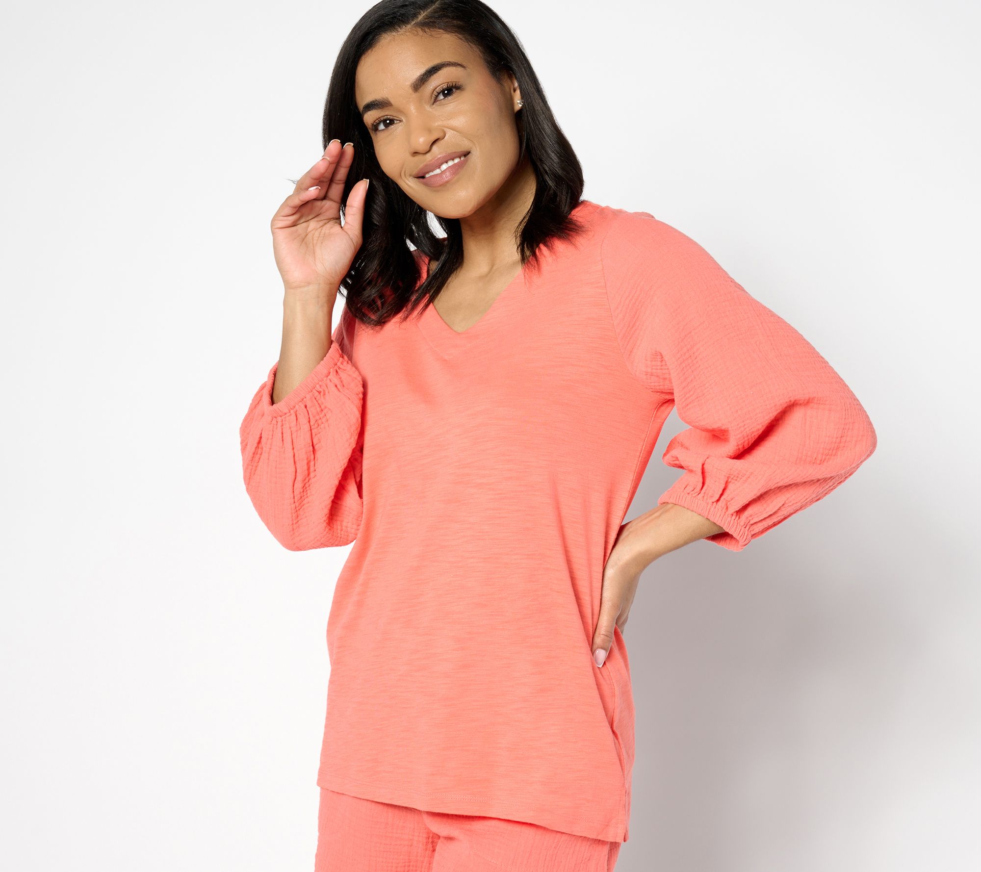 Belle Beach by Kim Gravel Mixed Media Slub Knit & Gauze Top