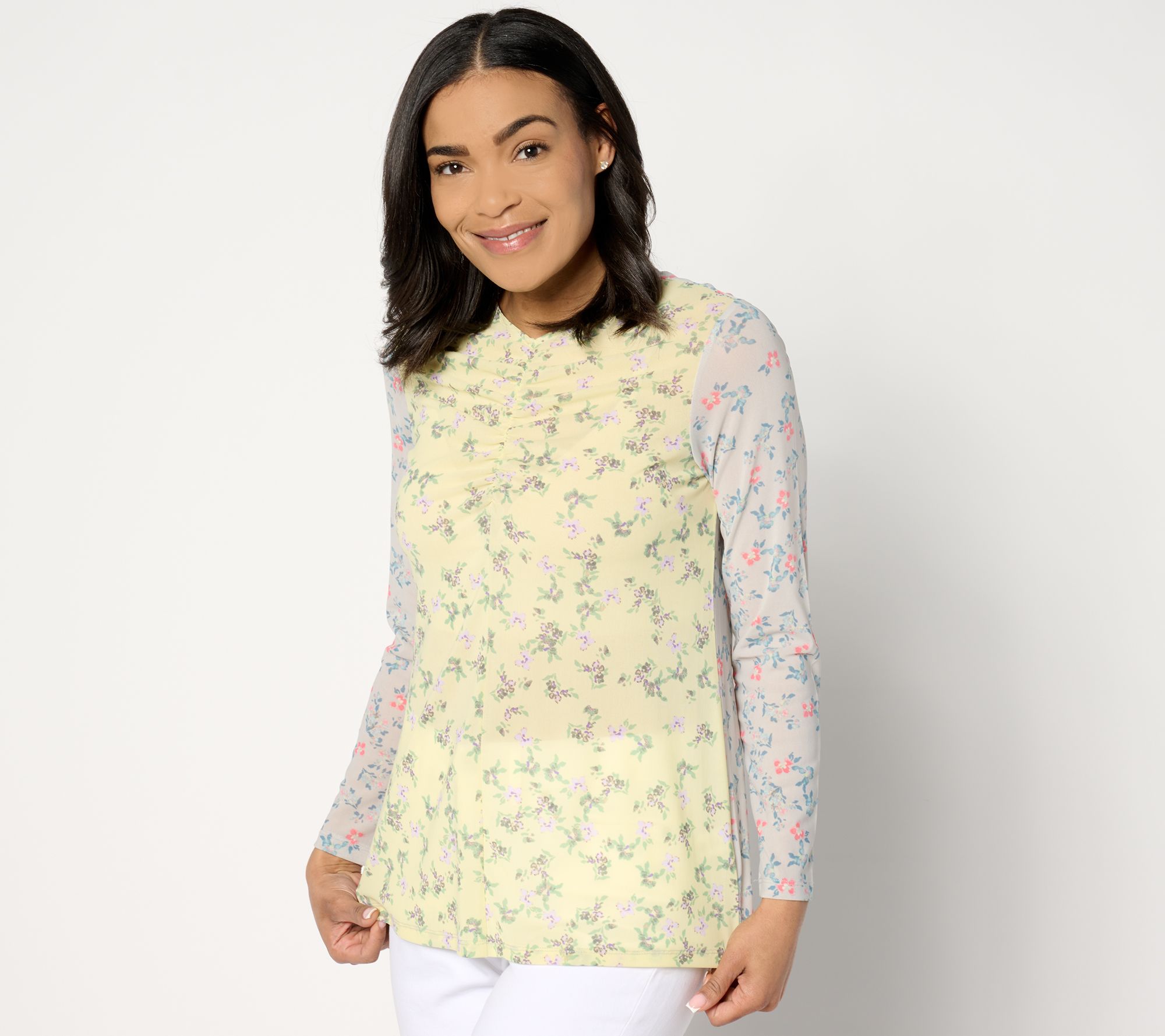 LOGO Layers by Lori Goldstein Printed Mesh Ruched Top
