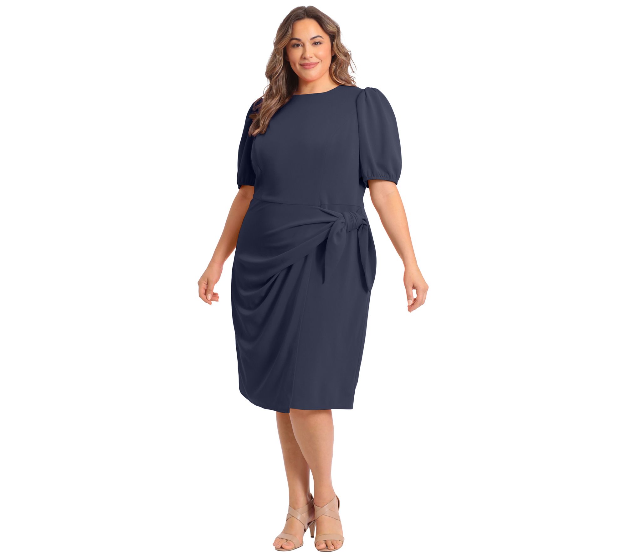 London Times Knee Length Puff Sleeve Sarong Wrap Dress-Plus - QVC.com