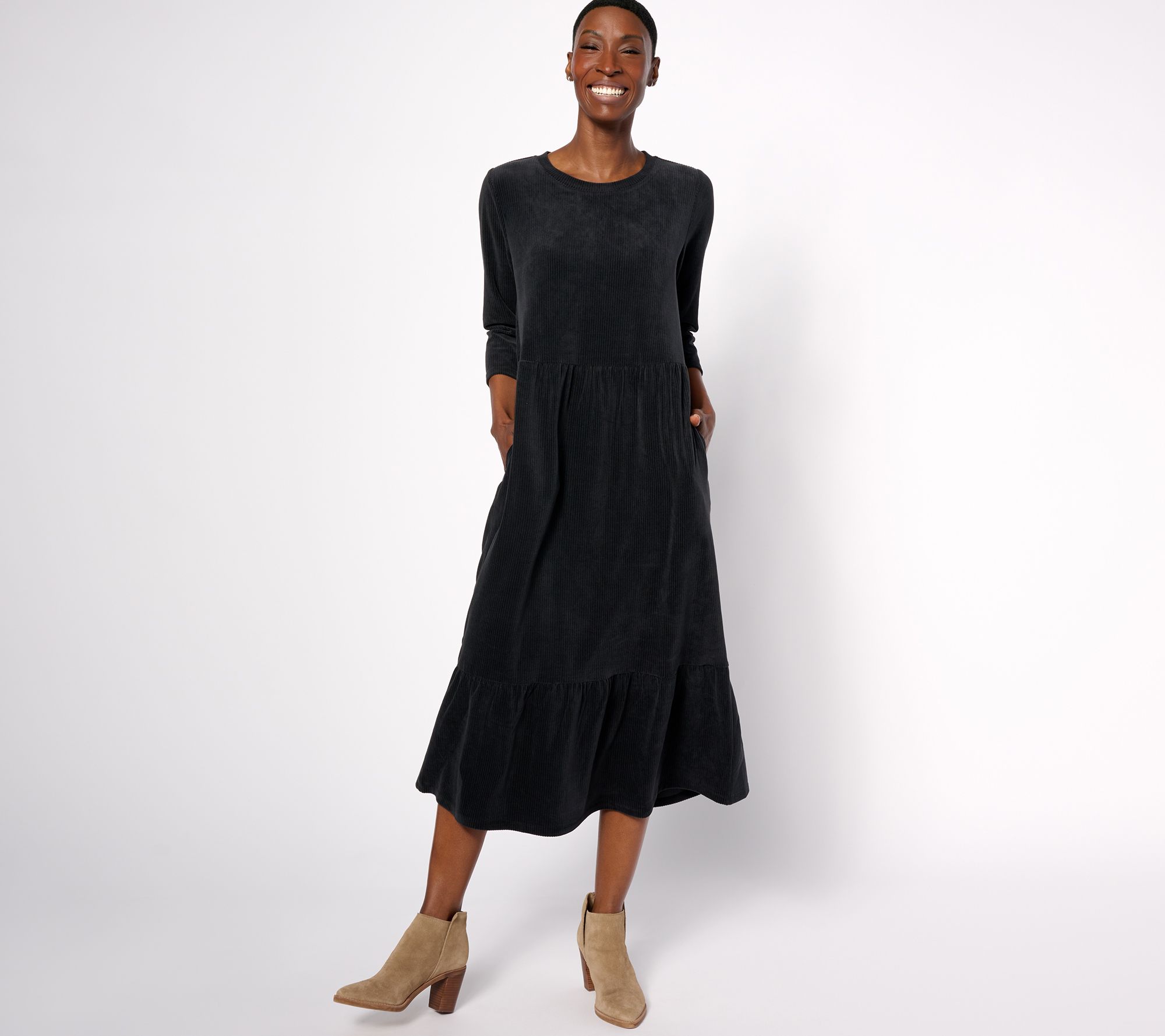 "As Is" Denim & Co. Regular Heritage Velour Knit Midi Dress
