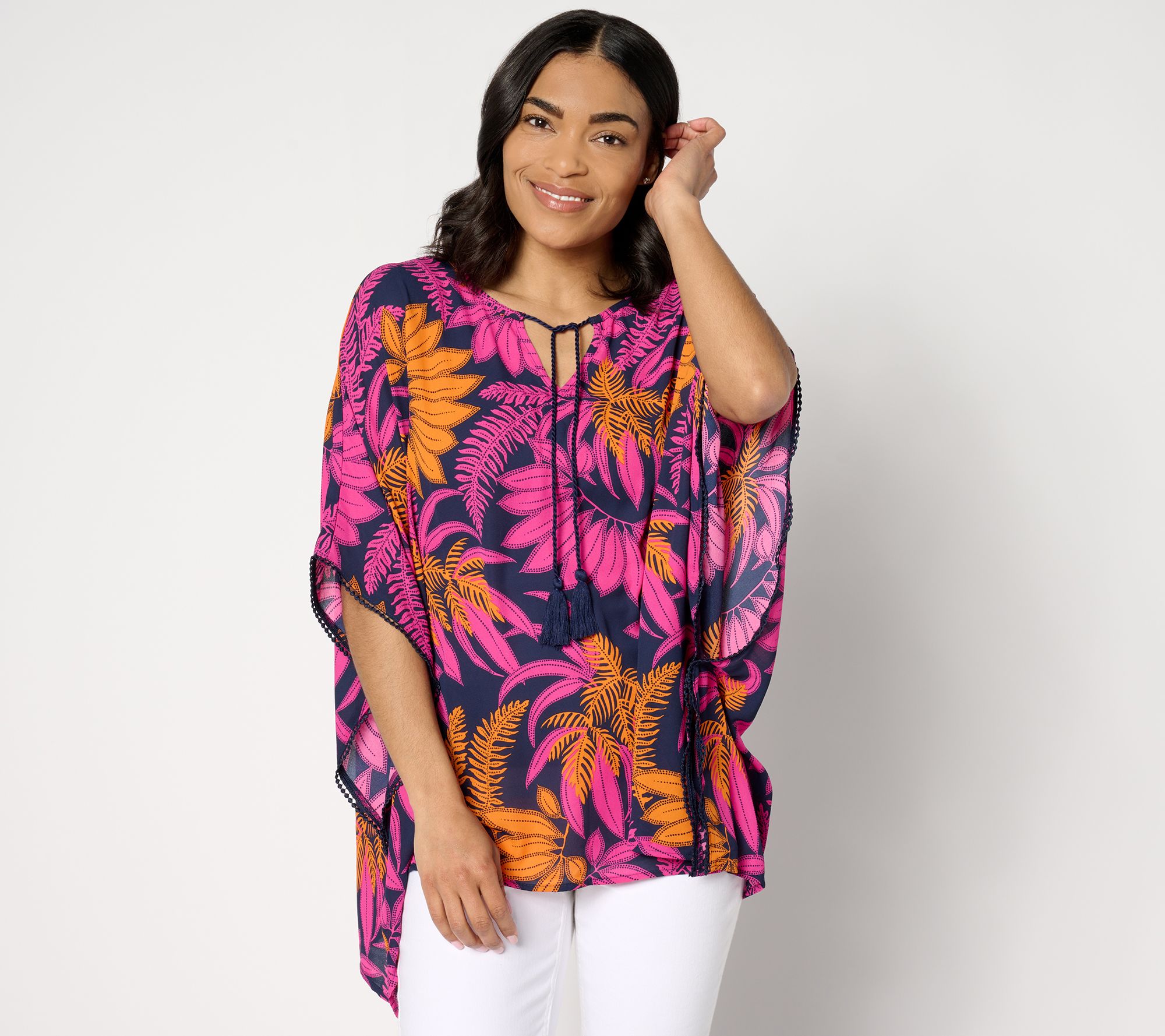 Denim & Co. Beach Georgette Split Neck Poncho