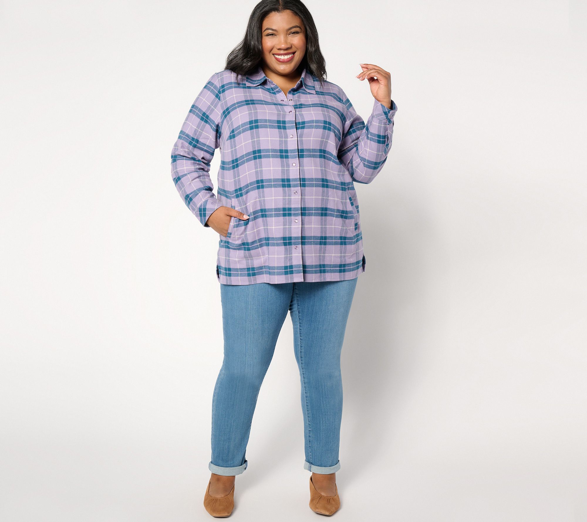 Joan Rivers Petite Cotton Plaid Flannel Snap Front Shirt - QVC.com