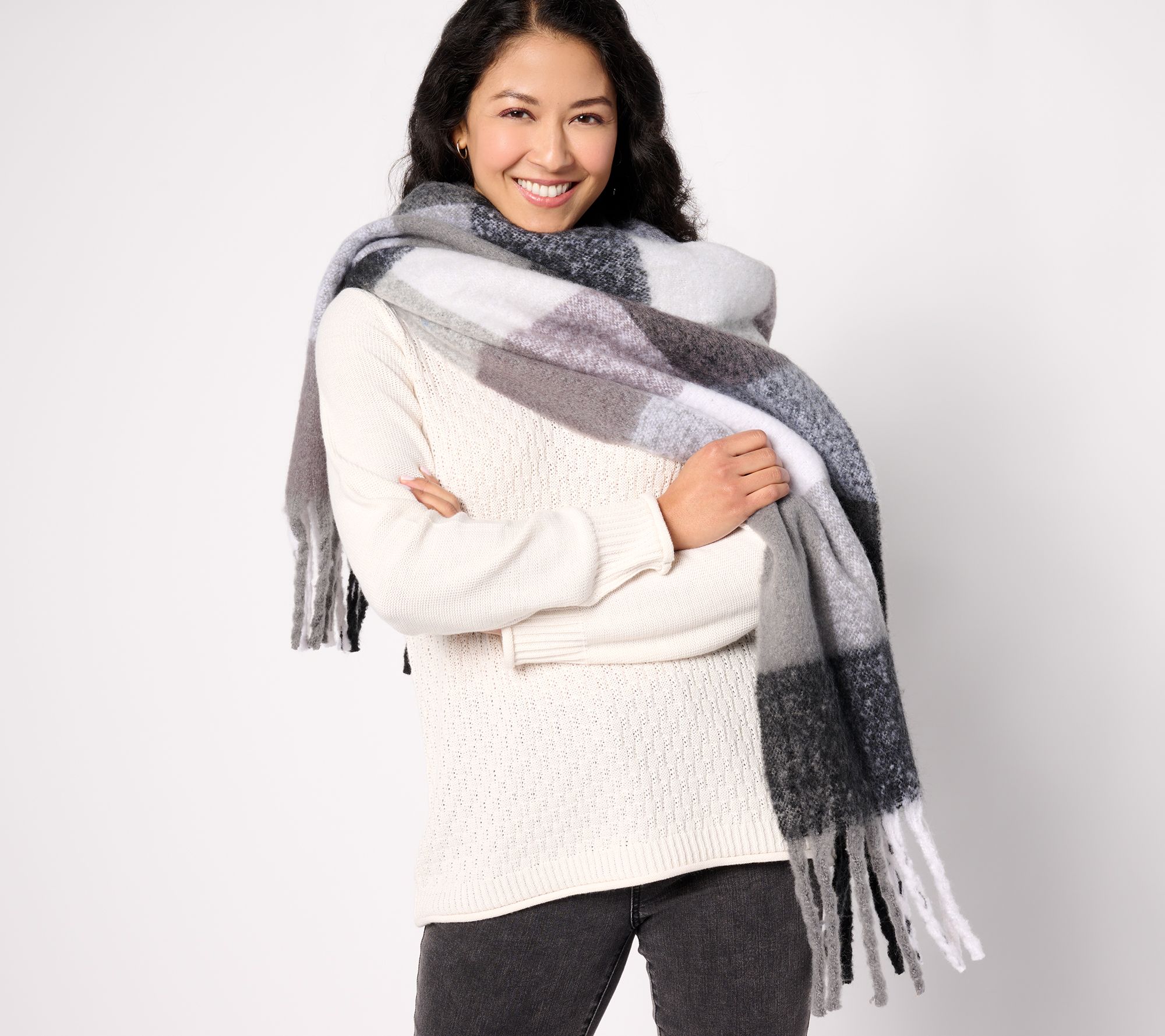 "As Is" Sprigs 93x14" Oversized Check Fringe Scarf