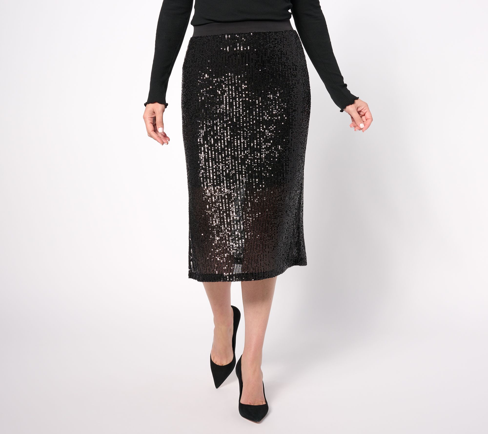 "As Is" Susan Graver Occasion Pet Sequin Midi Pull On Pencil Skirt