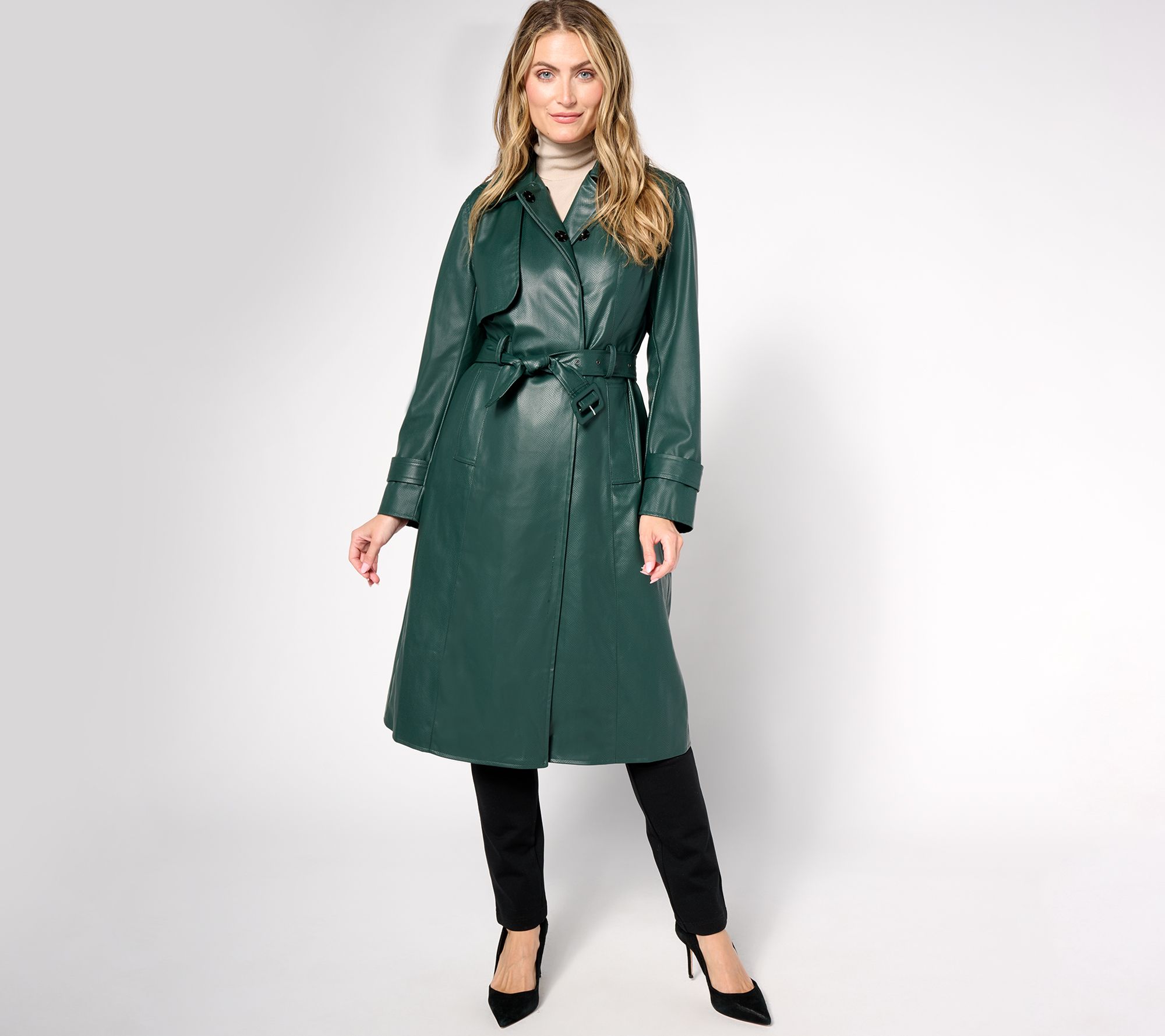 by Stacy London Petite Embossed Snake Faux Leather Trench Coat QVC