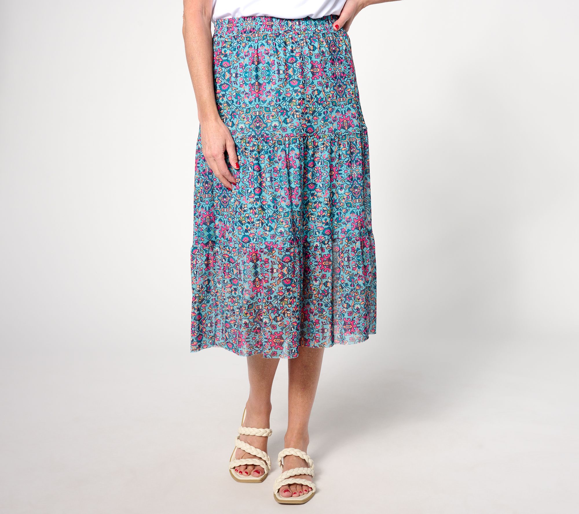 "As Is" Denim & Co. Canyon Retreat Petite Mesh Tiered Midi Skirt