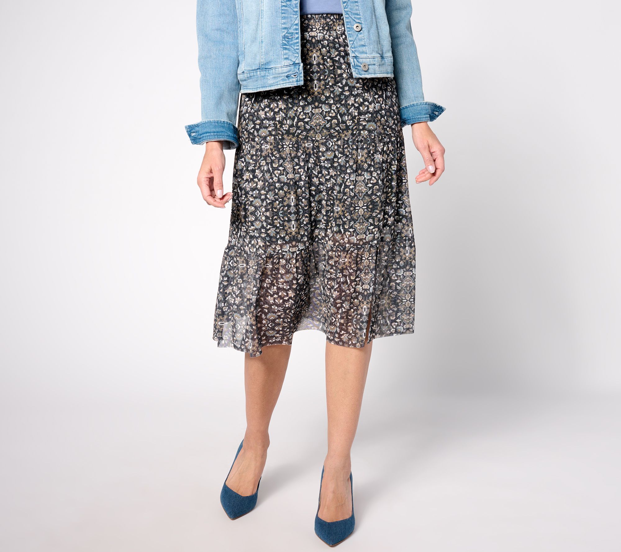 "As Is" Denim & Co. Canyon Retreat Petite Mesh Tiered Midi Skirt
