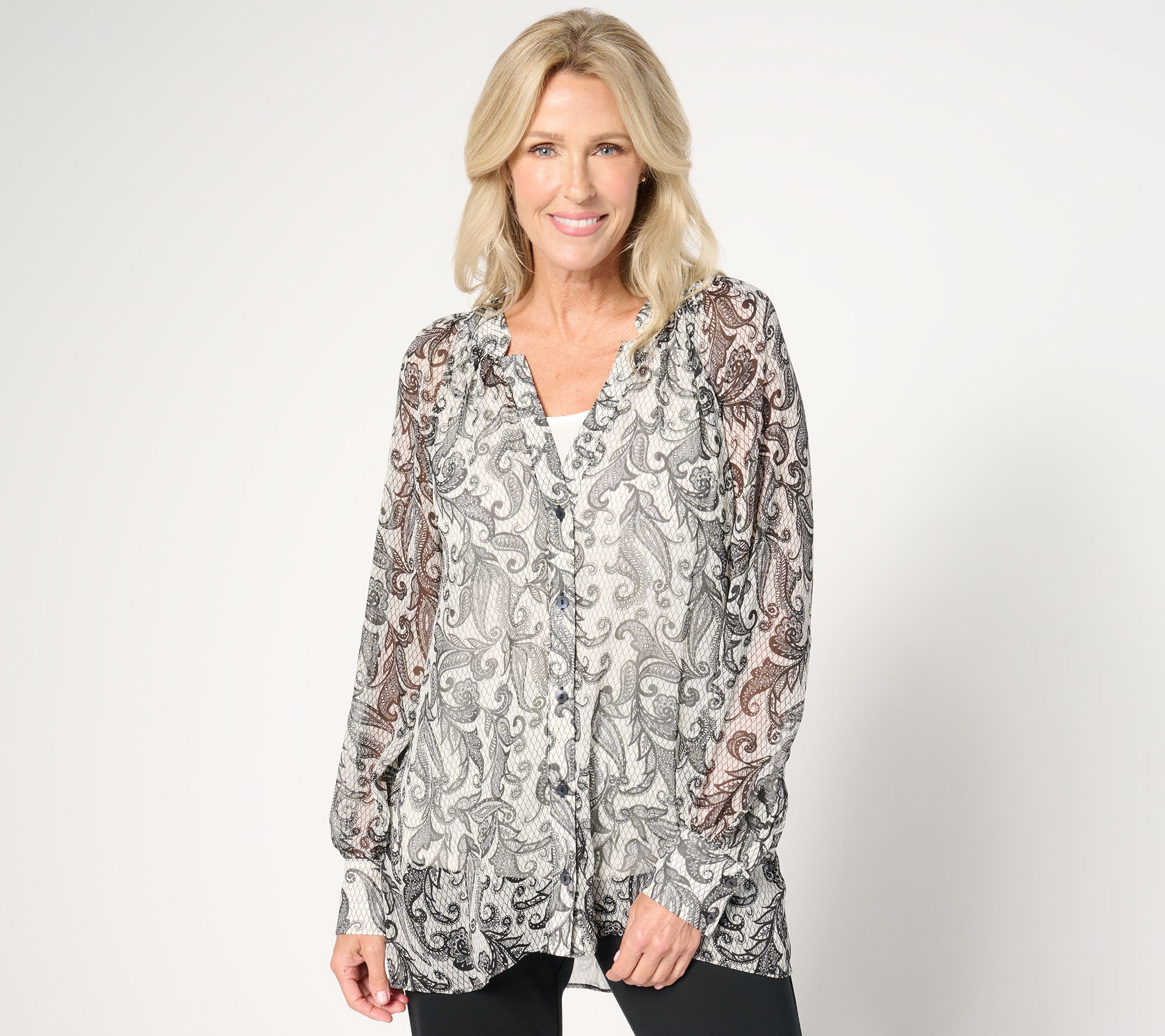 Susan Graver Regular Printed Woven Blouse With Lurex & Knit Cami