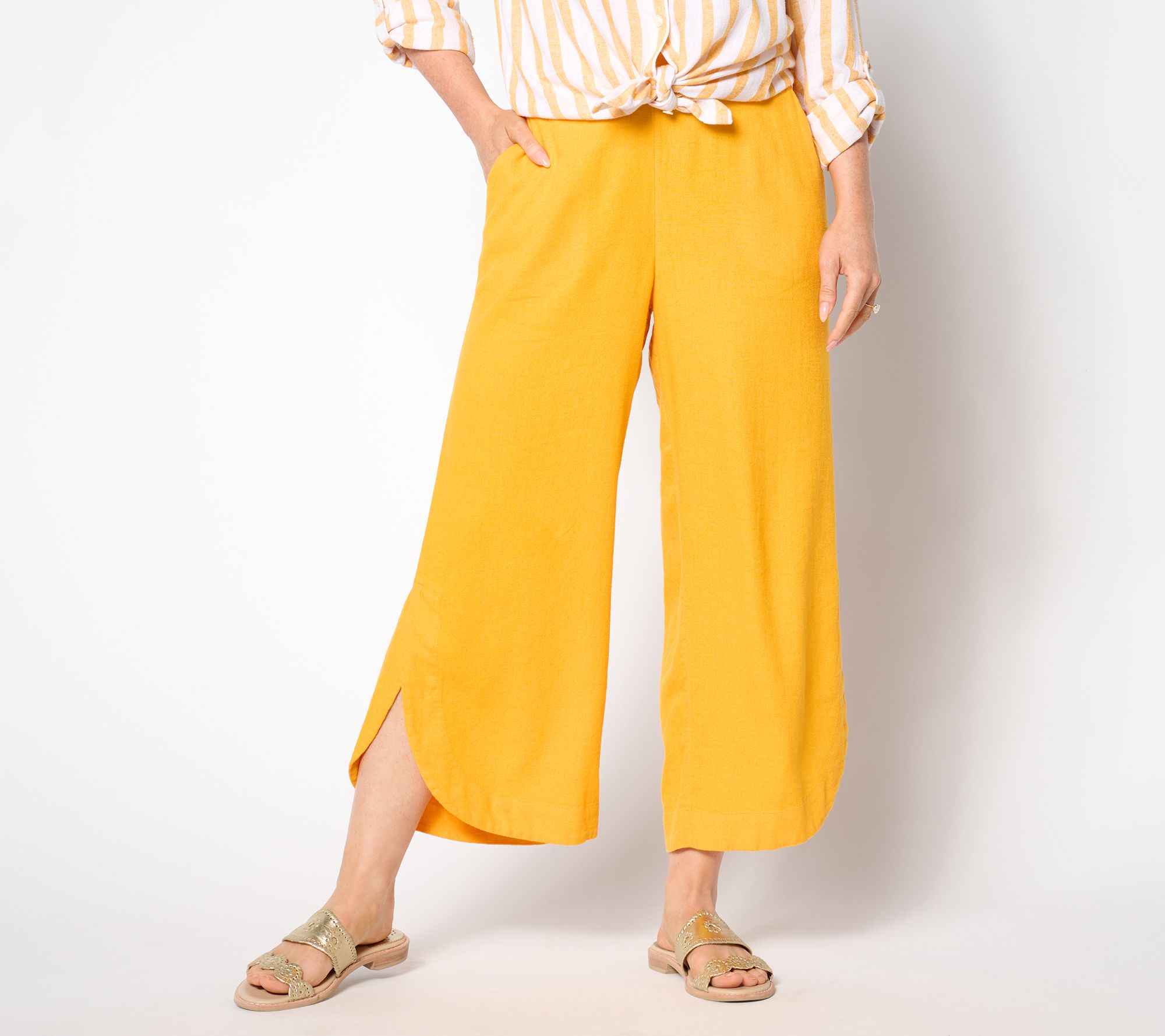 "As Is" Isaac Mizrahi Live! Regular Linen Blend Curved Hem Pants