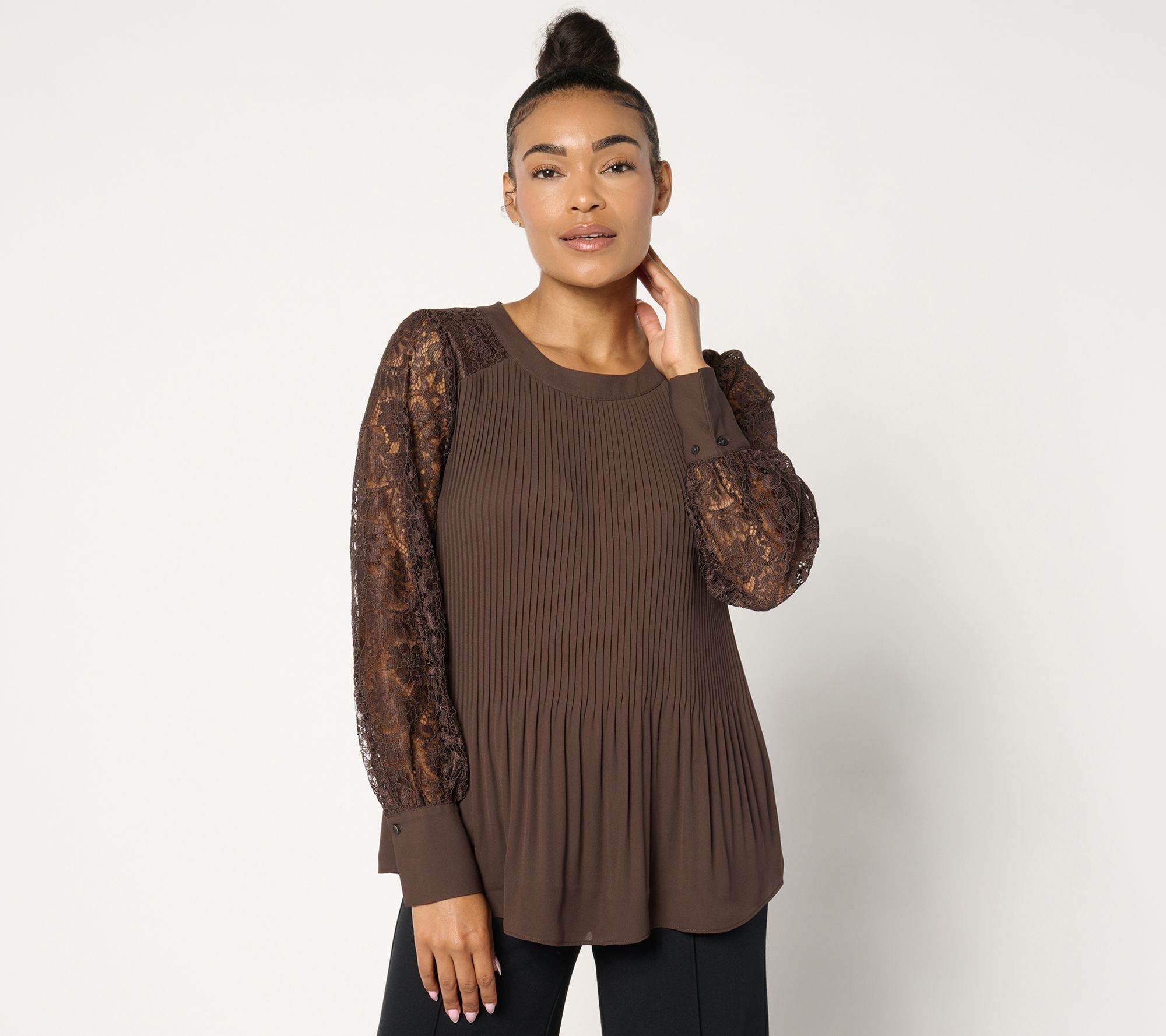 BEAUTIFUL by Lawrence Zarian Lace Detailed Pleated Blouse