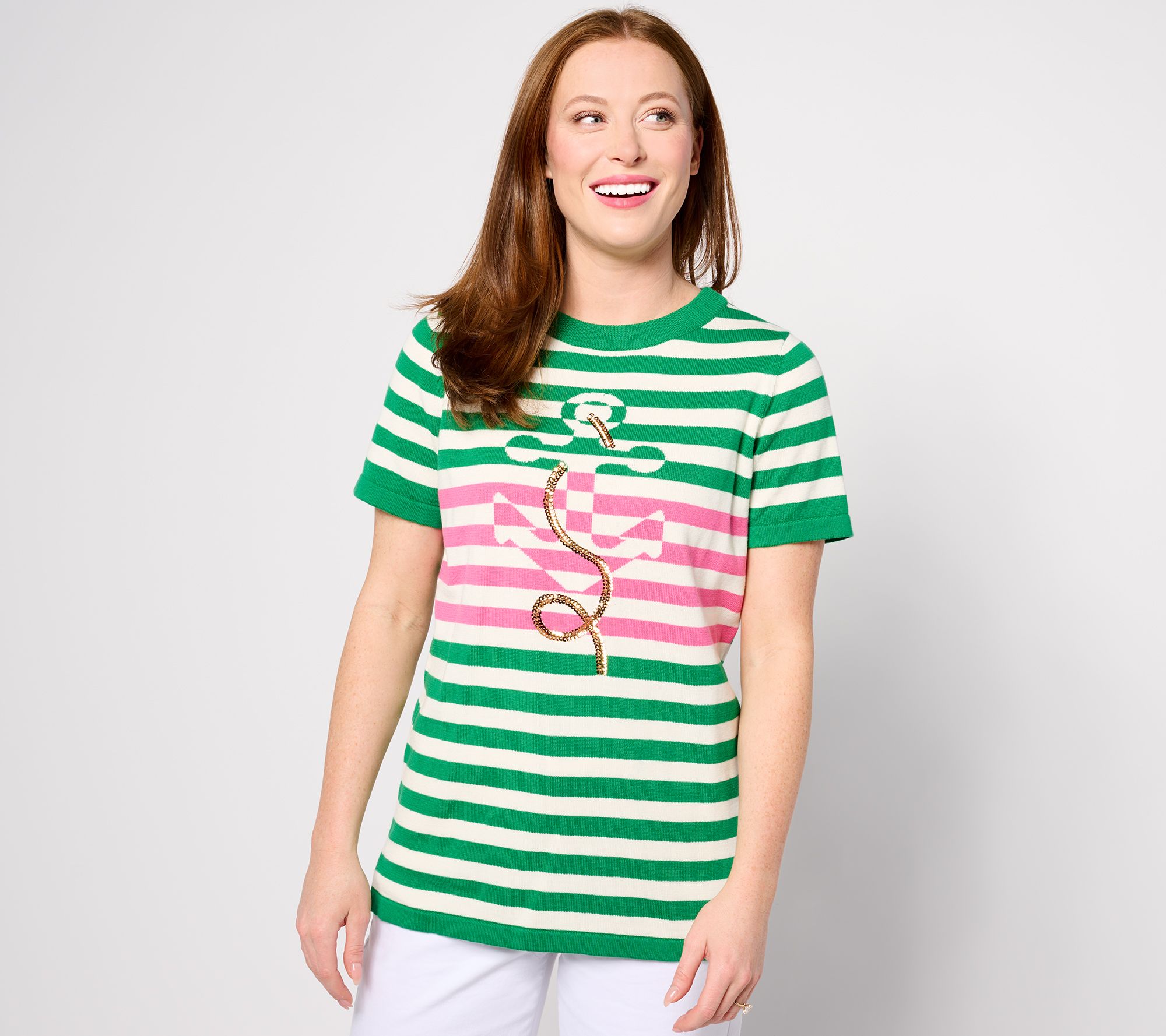 "As Is" Quacker Factory Anchor's Away Horray Short Sleeve Sweater