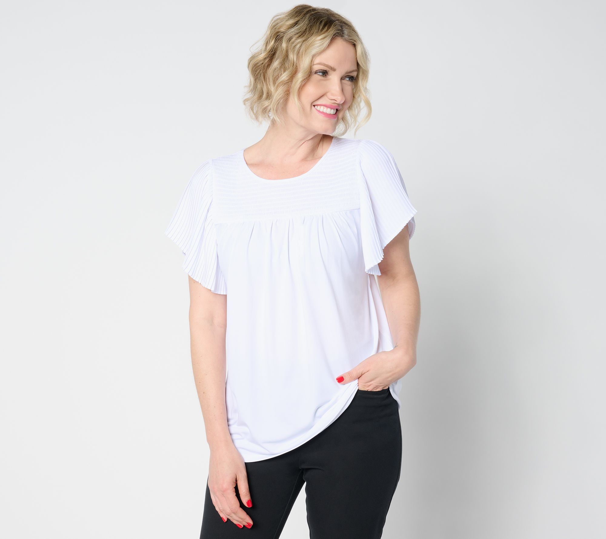 "As Is" Susan Graver Liquid Knit A-Line Smocked Yoke Top w/ Pleat