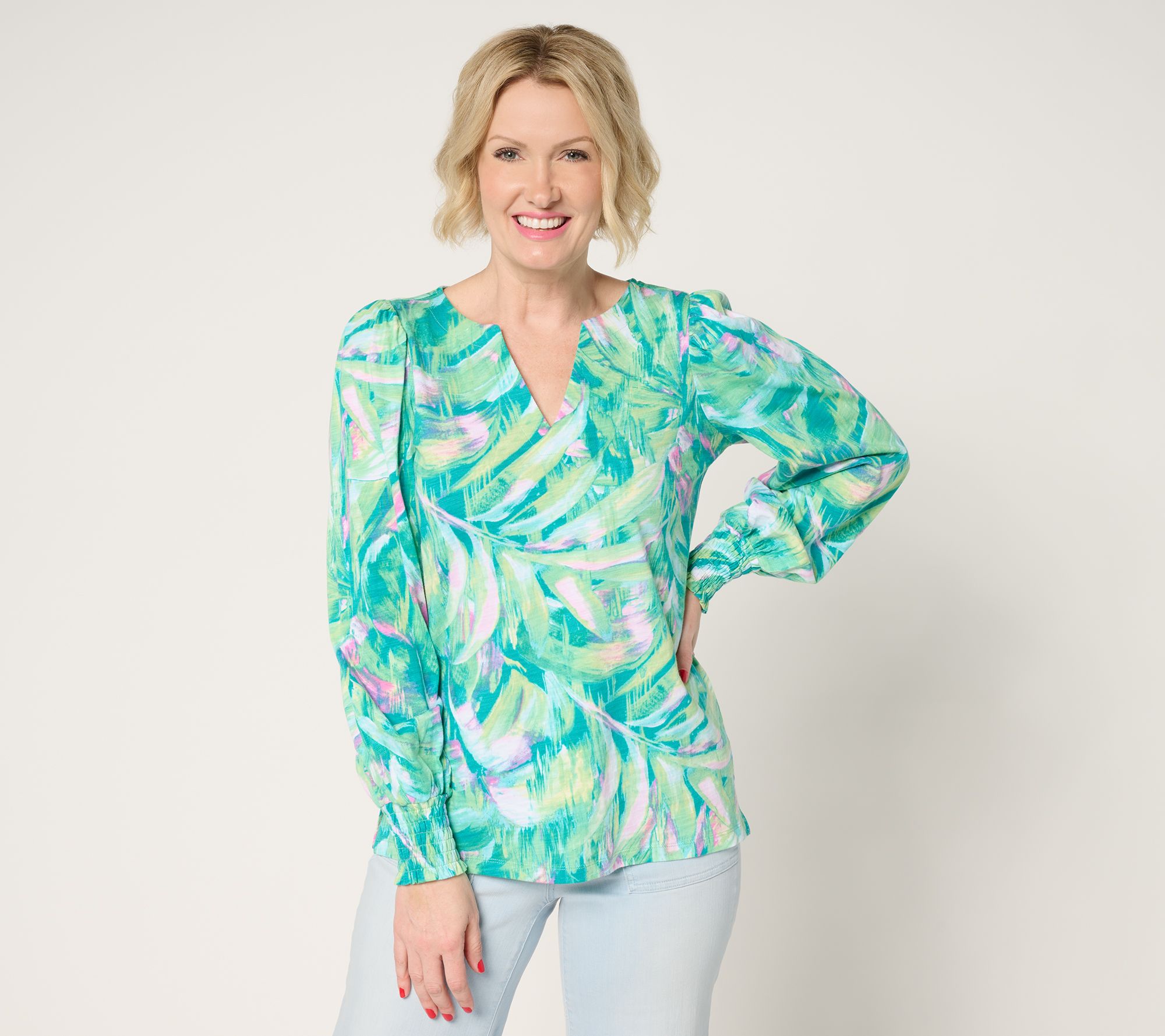 Belle by Kim Gravel Slub Knit Smocked Sleeve Printed Top