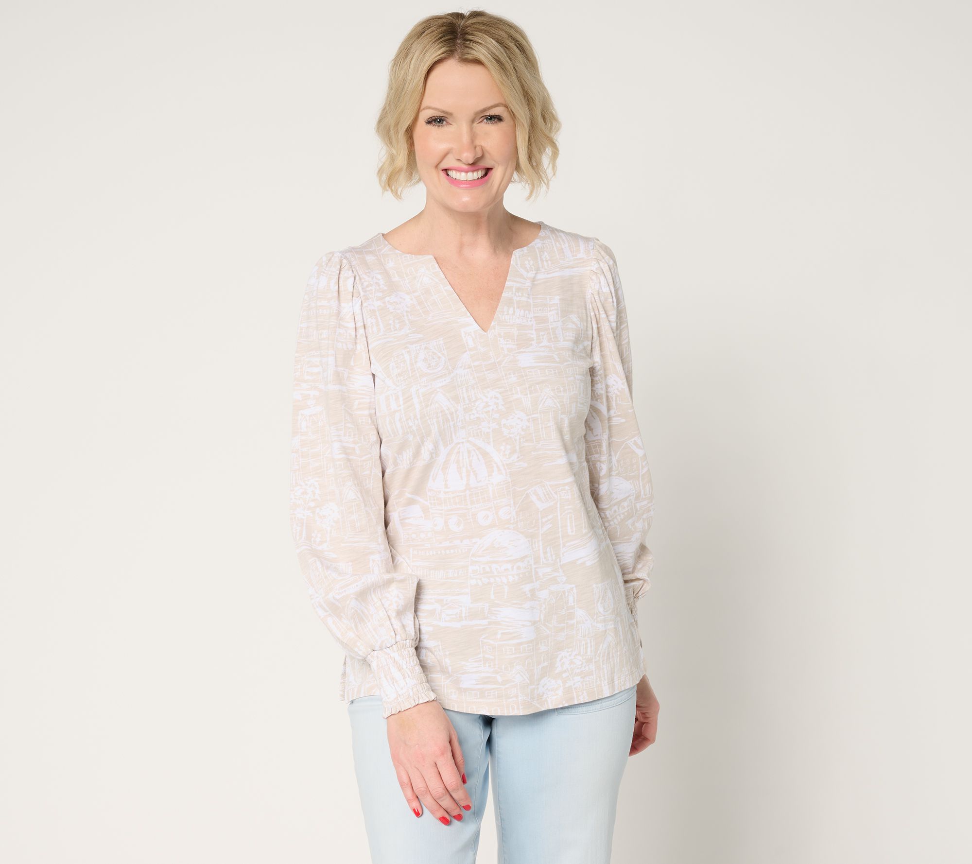 Belle by Kim Gravel Slub Knit Smocked Sleeve Printed Top