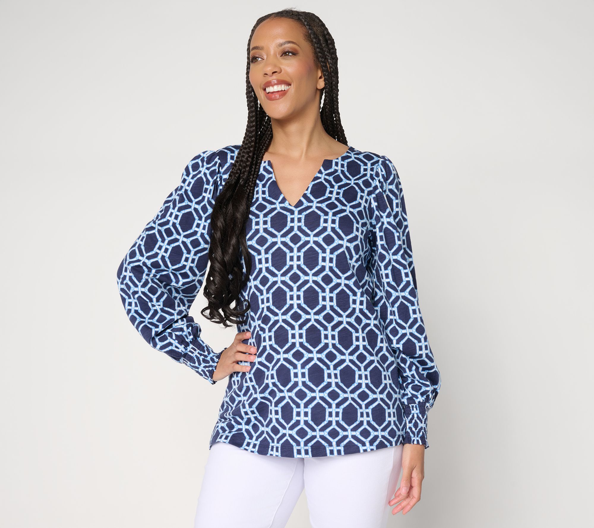 Belle by Kim Gravel Slub Knit Smocked Sleeve Printed Top