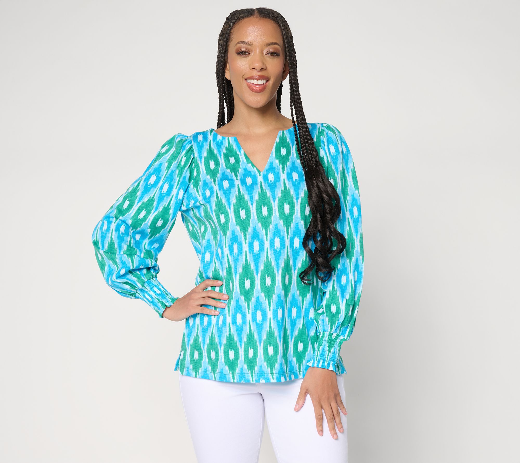 Belle by Kim Gravel Slub Knit Smocked Sleeve Printed Top