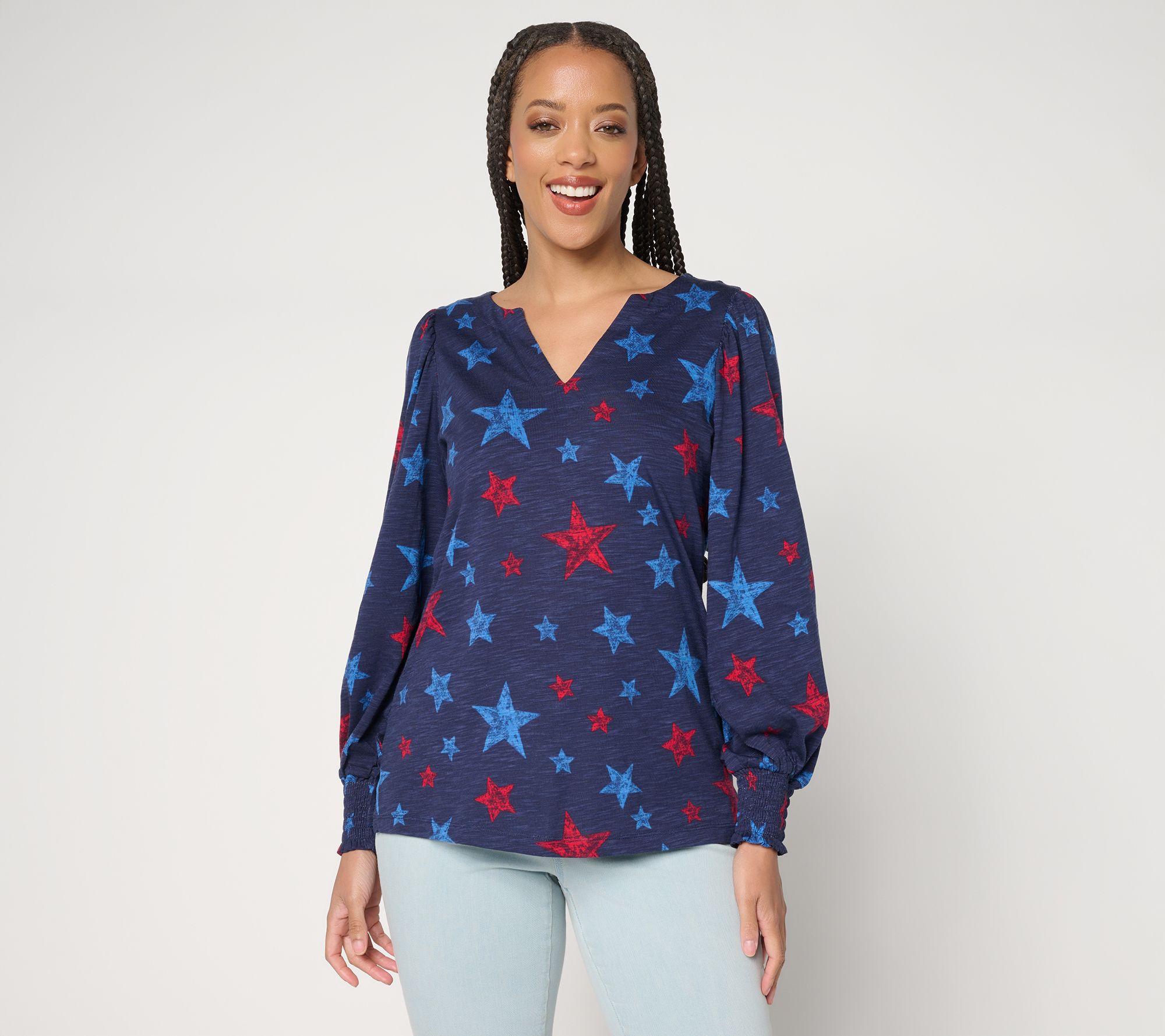 Belle by Kim Gravel Slub Knit Smocked Sleeve Printed Top