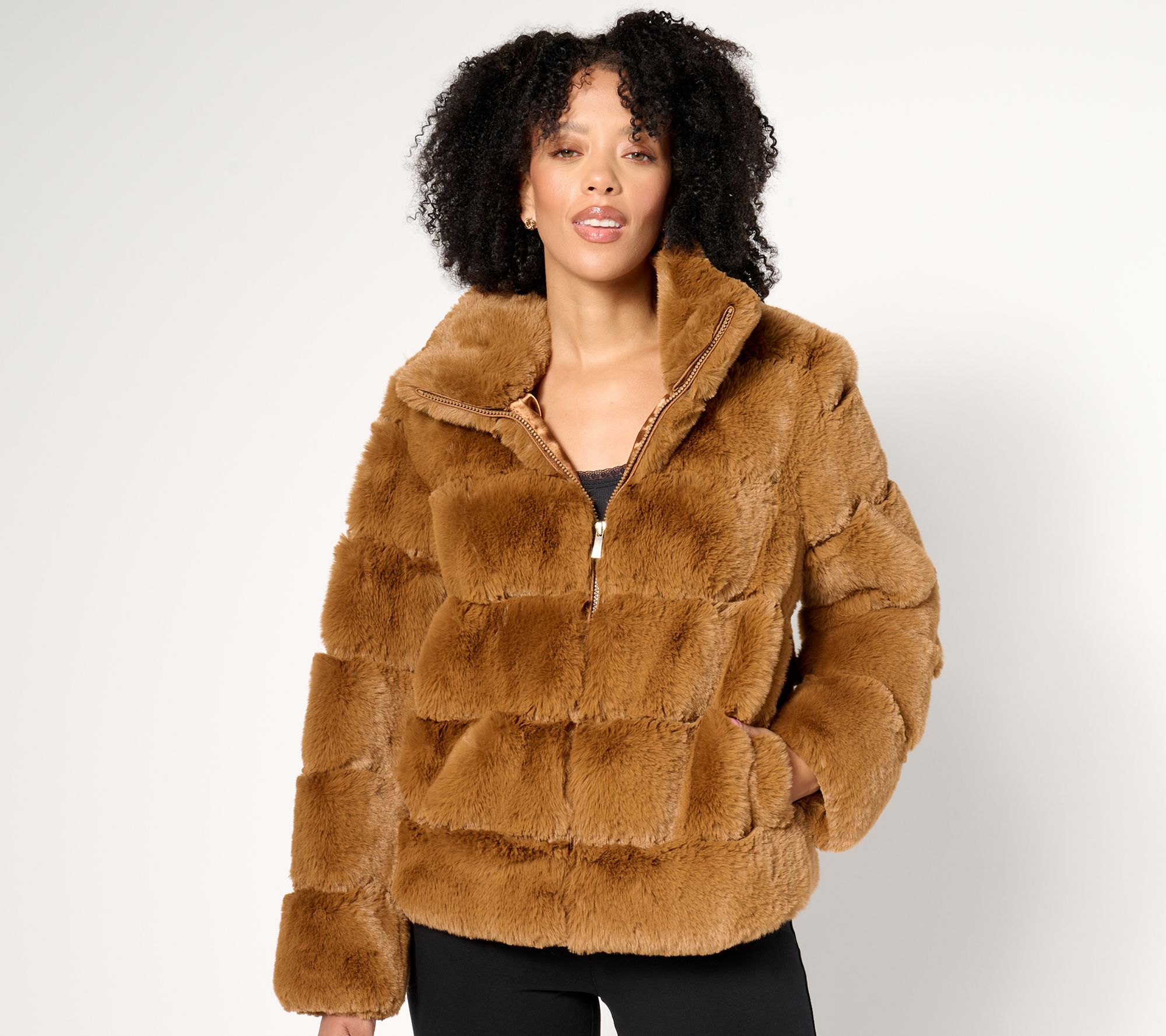 As Is Dennis Basso Zip Front Sculpted Faux Fur Jacket QVC