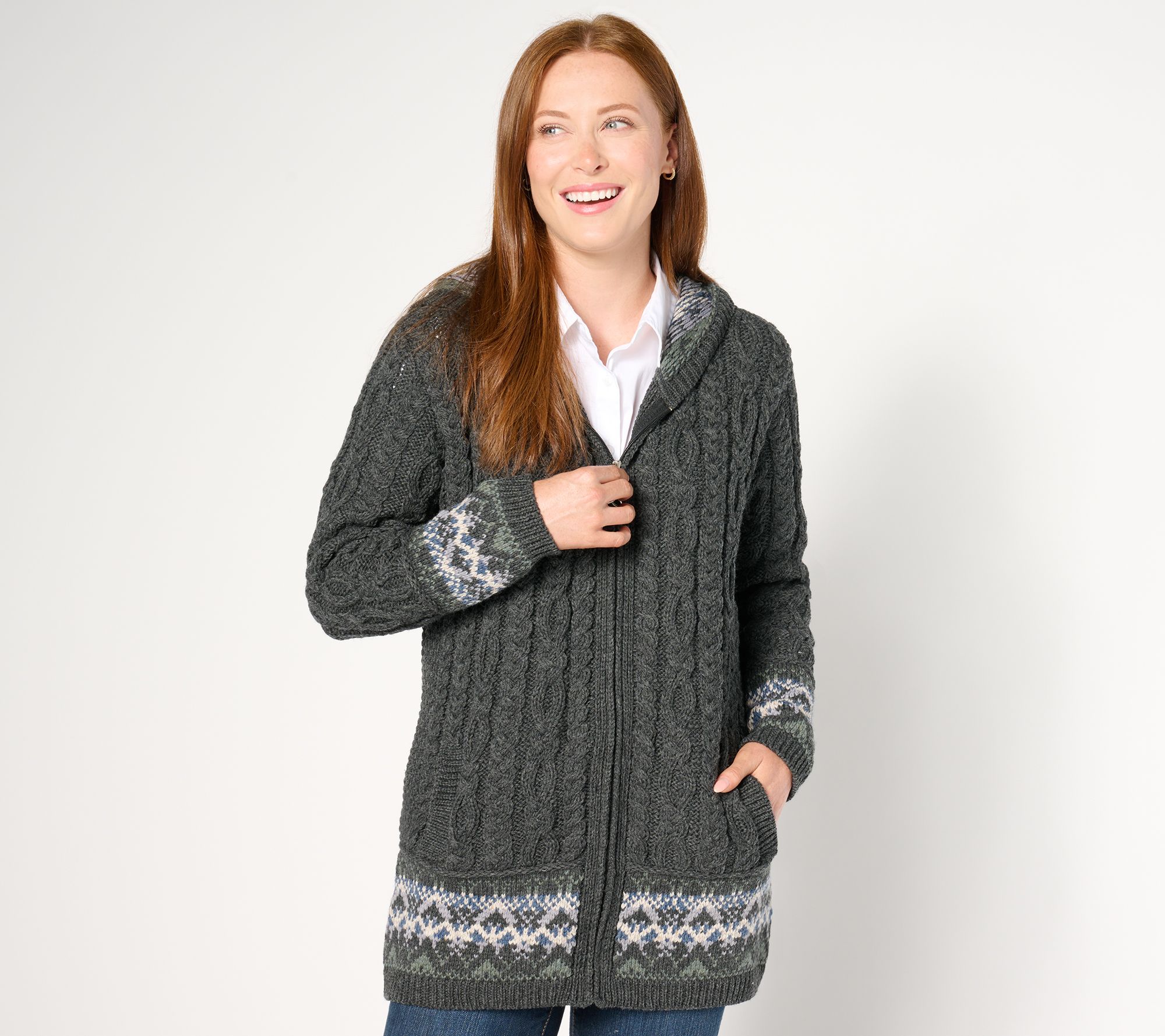 "As Is" Aran Craft Merino Wool Fairisle Zip Front Cardigan w/Hood